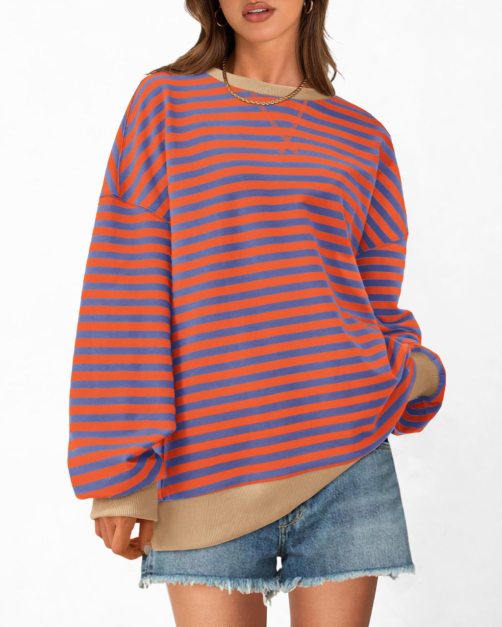 BTFBM Sweatshirt For Women Summer Crewneck Long Sleeve Oversized Striped Pullover Tops Y2K Clothes Workout Shirt