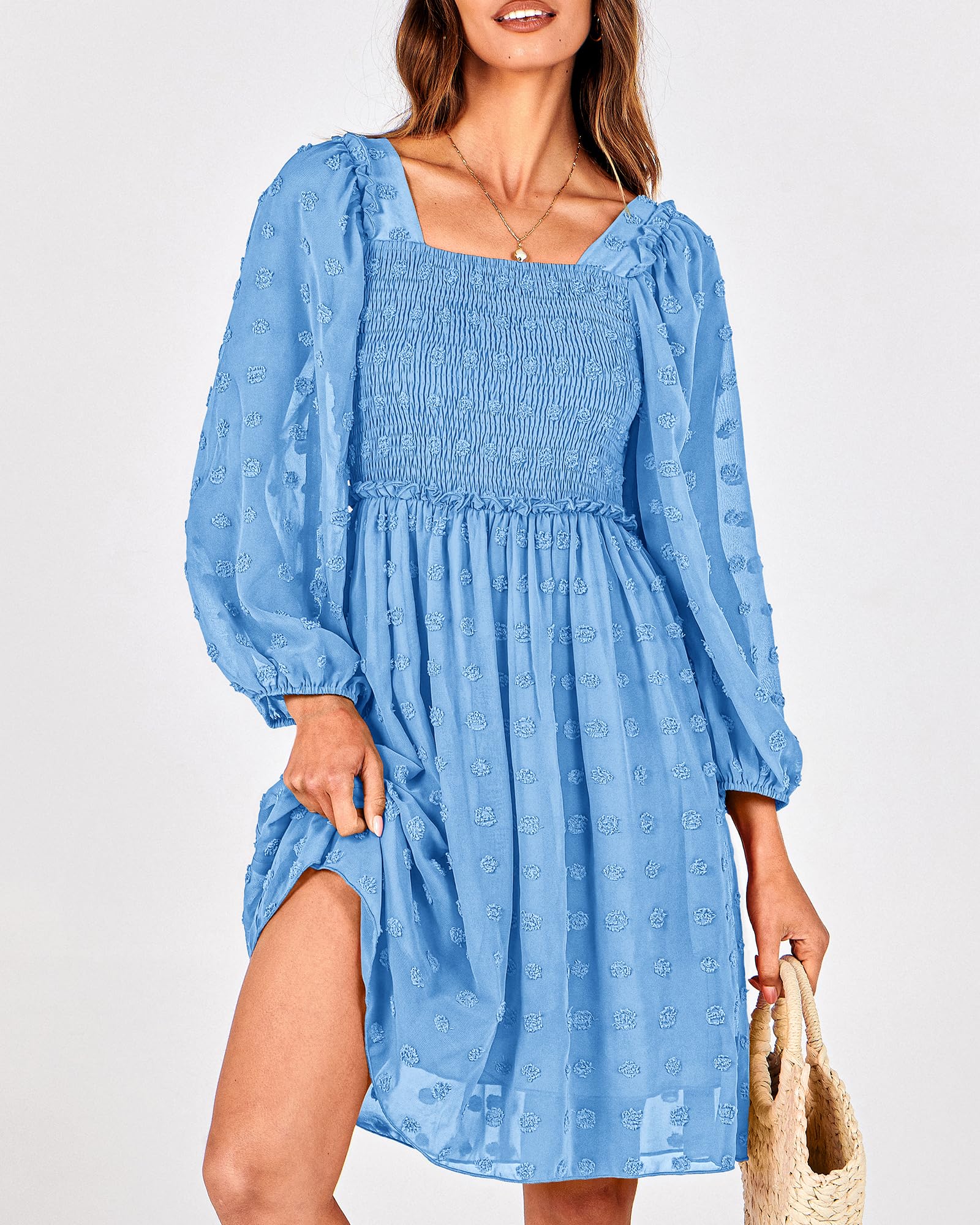 BTFBM Womens Long Sleeve Dress Summer Vacation Square Neck Smocked Floral Mini Boho Spring Wedding Guest Dresses