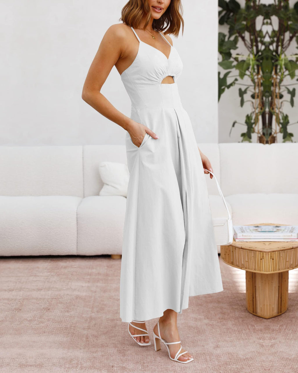 FreshPretty Women Summer Spaghetti Strap Midi Dress Sleeveless V Neck Cutout Slit Casual Beach Party Maxi Dresses Pockets