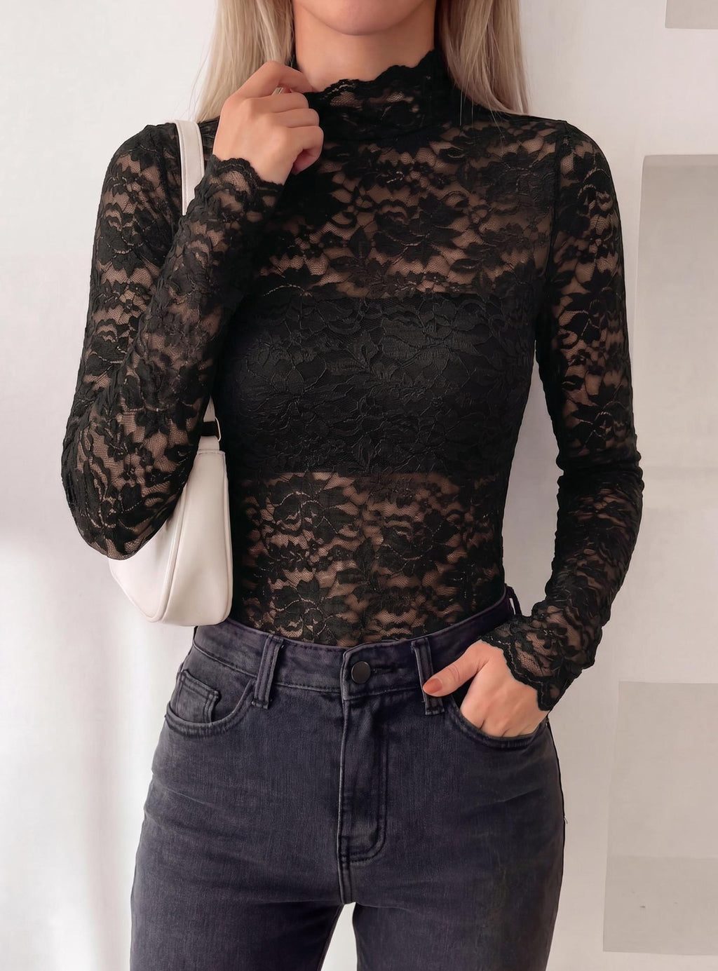 PRETTYGARDEN Womens Lace Long Sleeve Tops Sheer Mesh Blouse | Mock Neck Floral See Through, Slim Fitted, Soft Stretchy Elegant, Going Out Concert, Club Party Outfits, Fall Fashion Clothes
