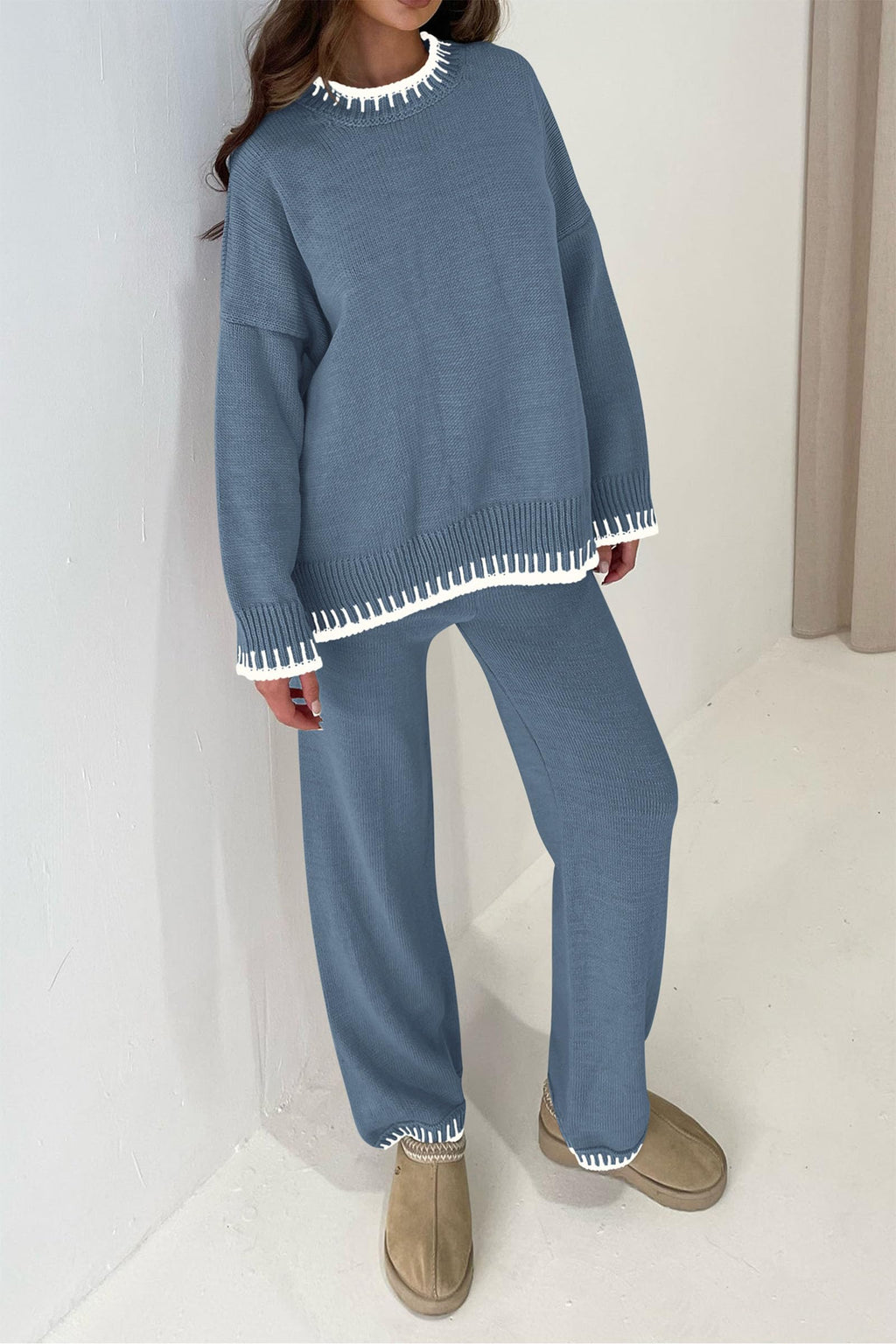 PRETTYGARDEN Women's 2 Piece Knit Sweater Outfit Casual Long Sleeve Pullover Wide Leg Pants Tracksuit Loungewear Set