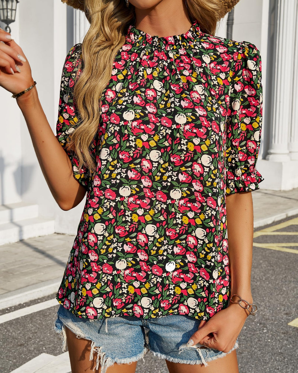 FreshPretty Women's Dressy Casual Blouses Business Work Tops Lace Trim Short Sleeve Office Shirts Summer Spring Outfits