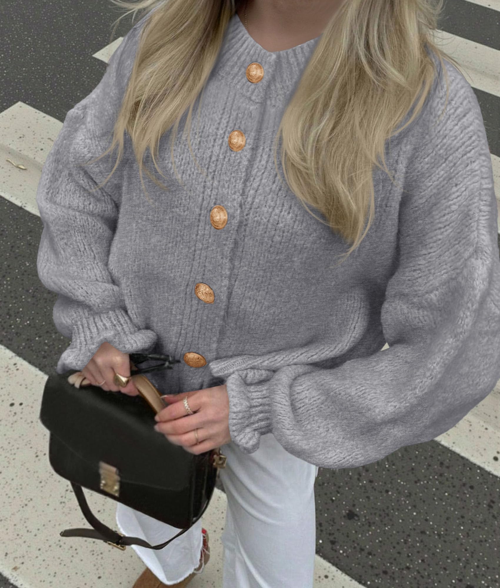 PRETTYGARDEN Womens Cropped Cardigans Trendy Ruffle Open Front Chunky Knit Sweater Oversized Button Down Fall Clothes