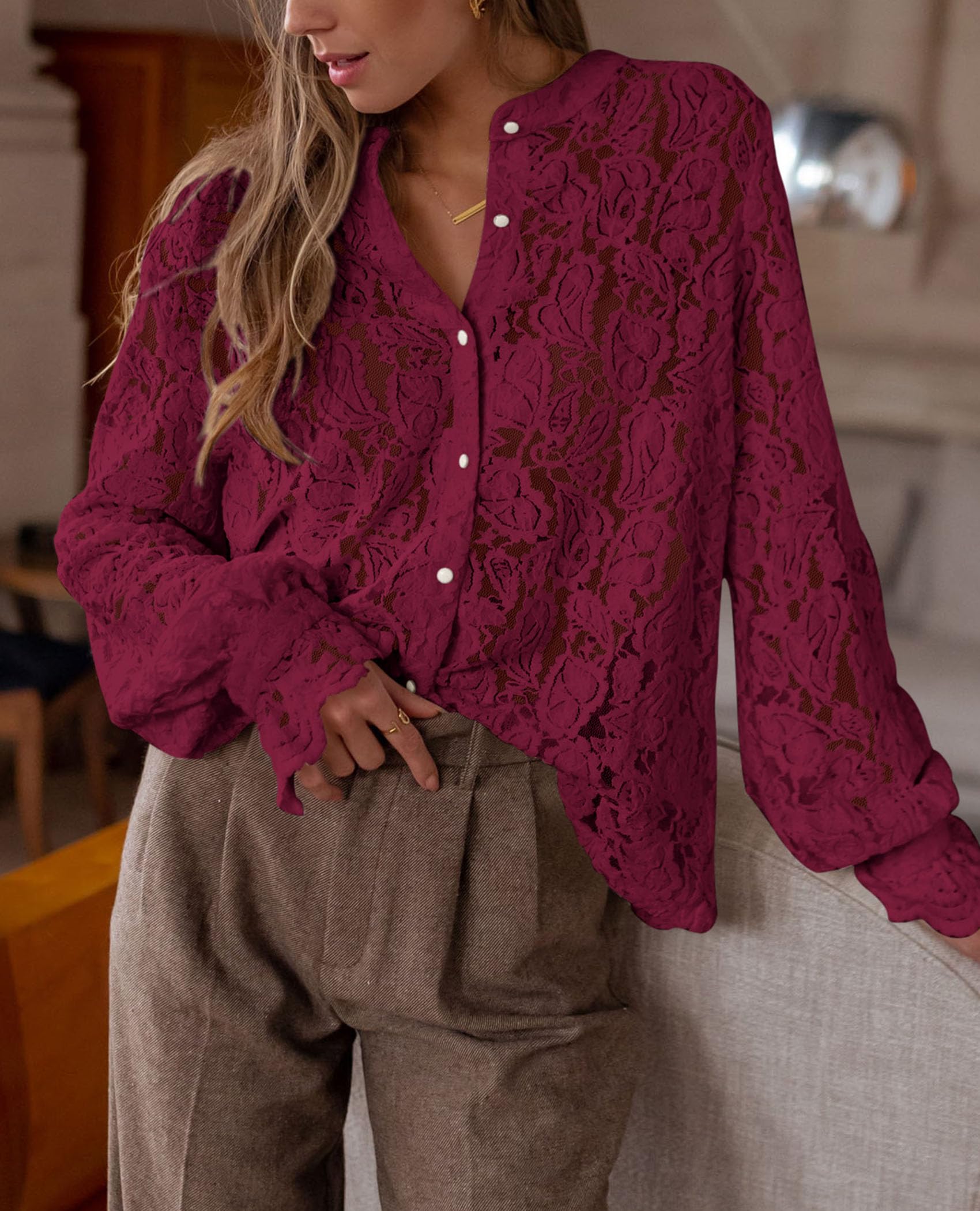 PRETTYGARDEN Women's Dressy Casual Lace Blouse Long Sleeve Button Up Shirts Tops Spring Fall Fashion Clothes