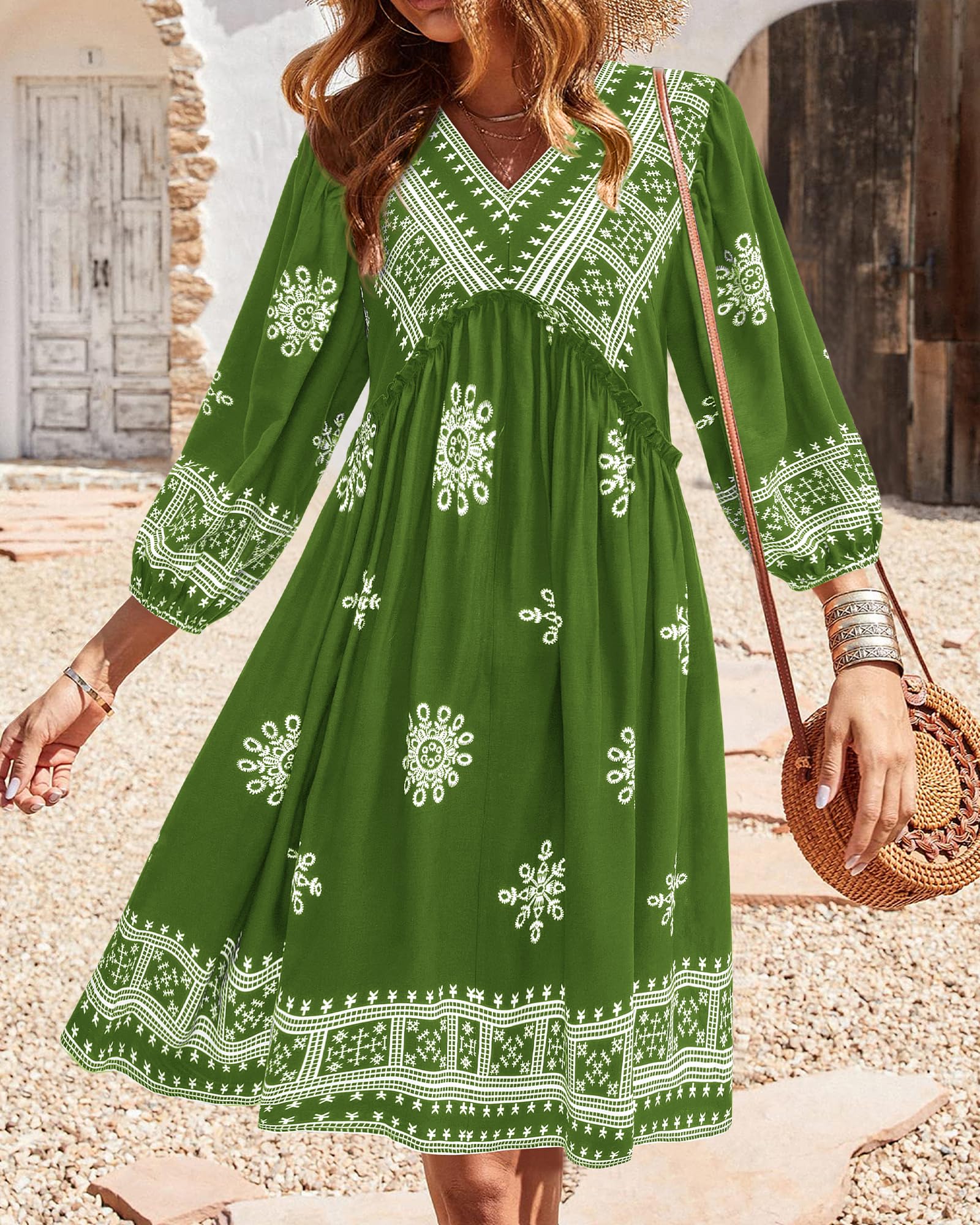 BTFBM Women Casual Spring Summer Dresses V Neck 3/4 Long Sleeve Ruffle Floral Flowy Boho Babydoll Mini Short Beach Dress