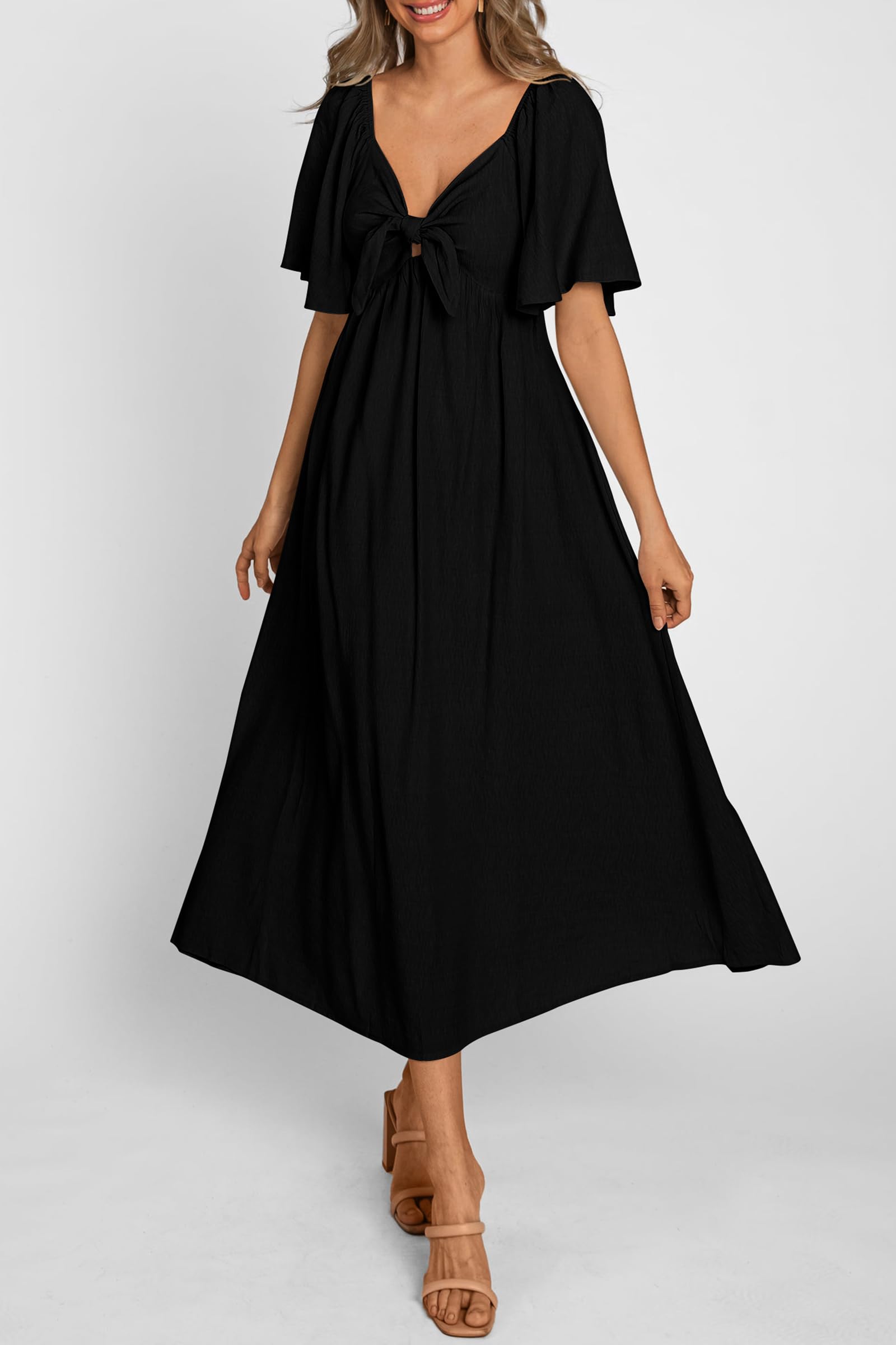PRETTYGARDEN Summer Dress for Women Casual Short Sleeve Bow Tie V Neck Ruffle Midi Flowy Dresses