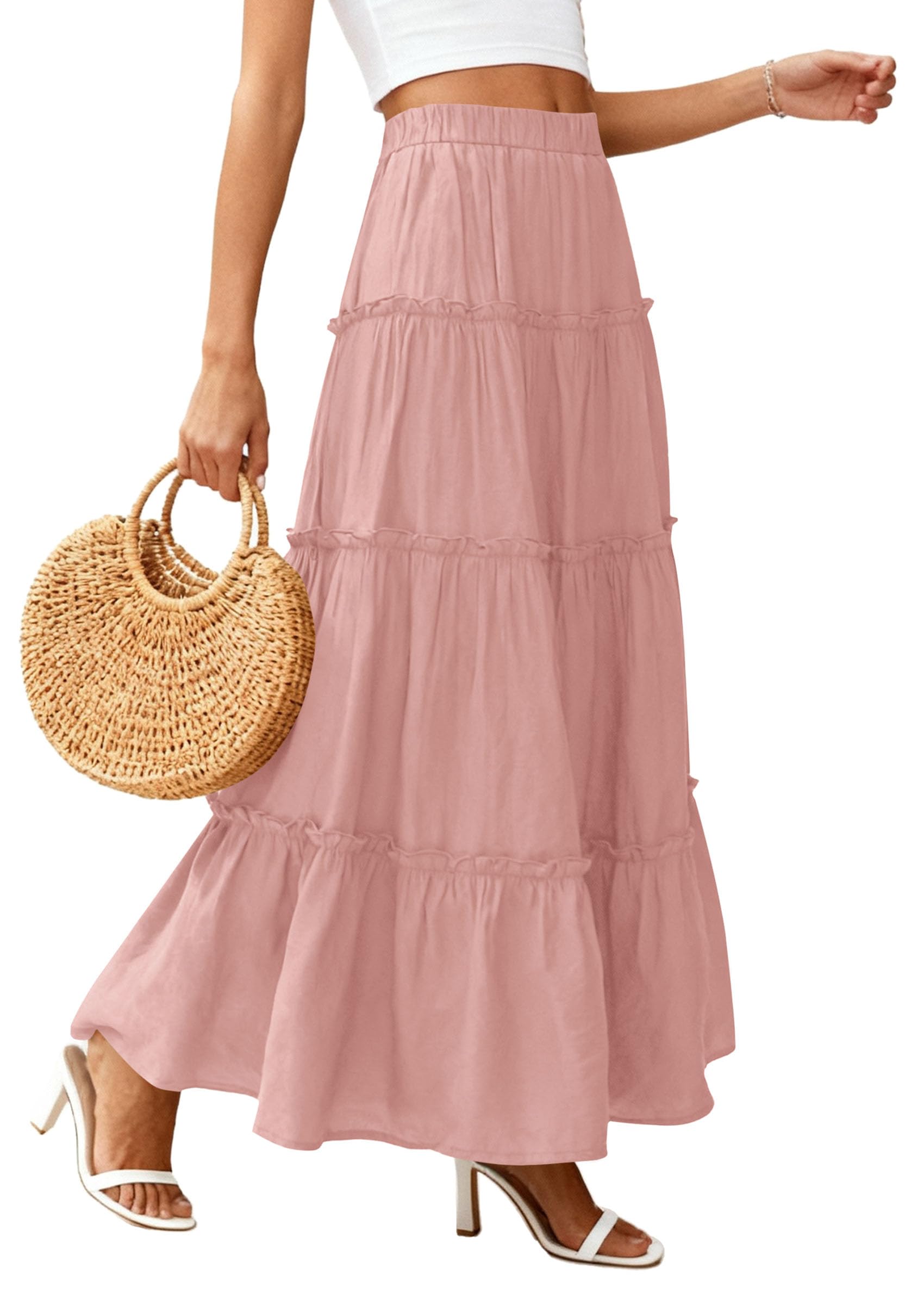 PRETTYGARDEN Women's Tiered Maxi Skirt Summer Spring Fashion High Waisted Long Flowy Casual Boho Beach Vacation Clothes