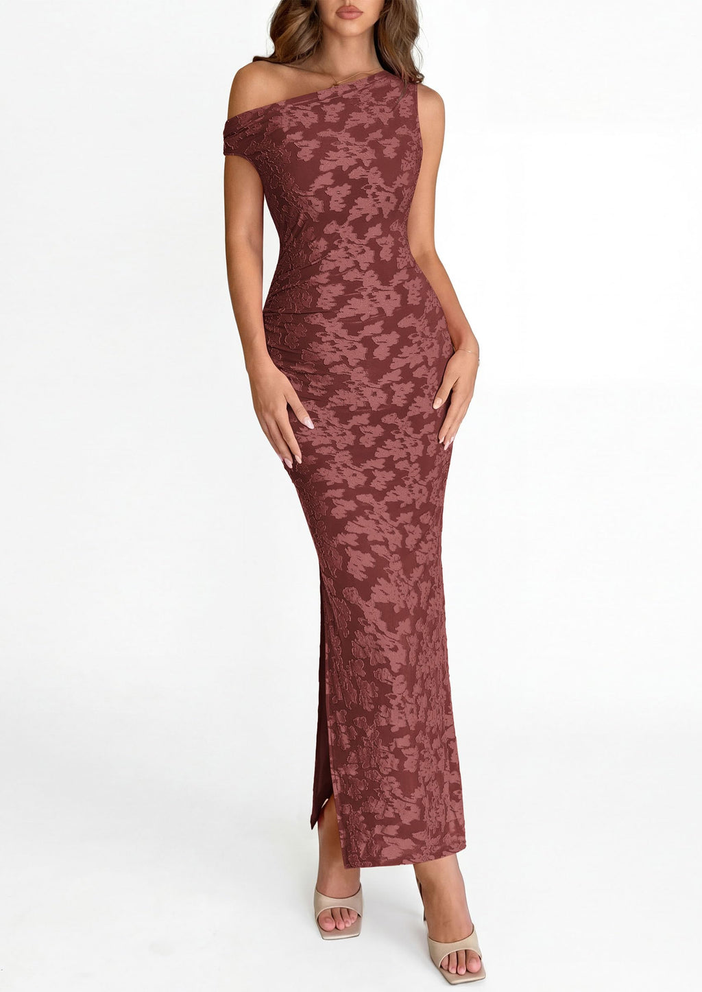 PRETTYGARDEN Womens Floral One Shoulder Maxi Dress Summer Spring Bodycon Ruched Side Slit Elegant Cocktail Party Dresses