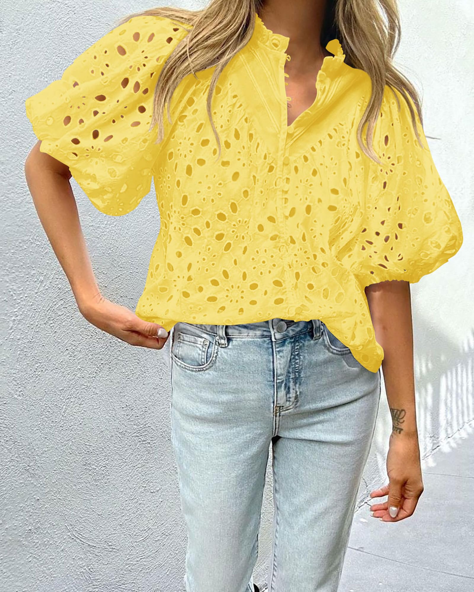 PRETTYGARDEN Women's Summer Tops Dressy Casual Short Sleeve V Neck Buttons Hollow Out Lace Embroidered Blouses Shirts