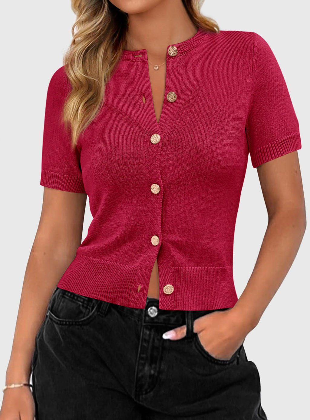 PRETTYGARDEN Womens Casual Summer Short Sleeve Cardigans Button Down Knitted Sweater Basic Crew Neck Crop Tops