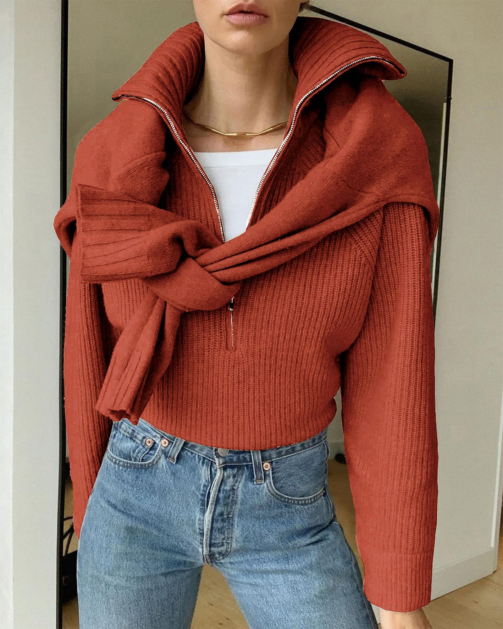 FreshPretty Womens Sweaters Quarter Zip Pullover V Neck Collar Long Sleeve Ribbed Knit Loose Casual Winter Fall Sweater