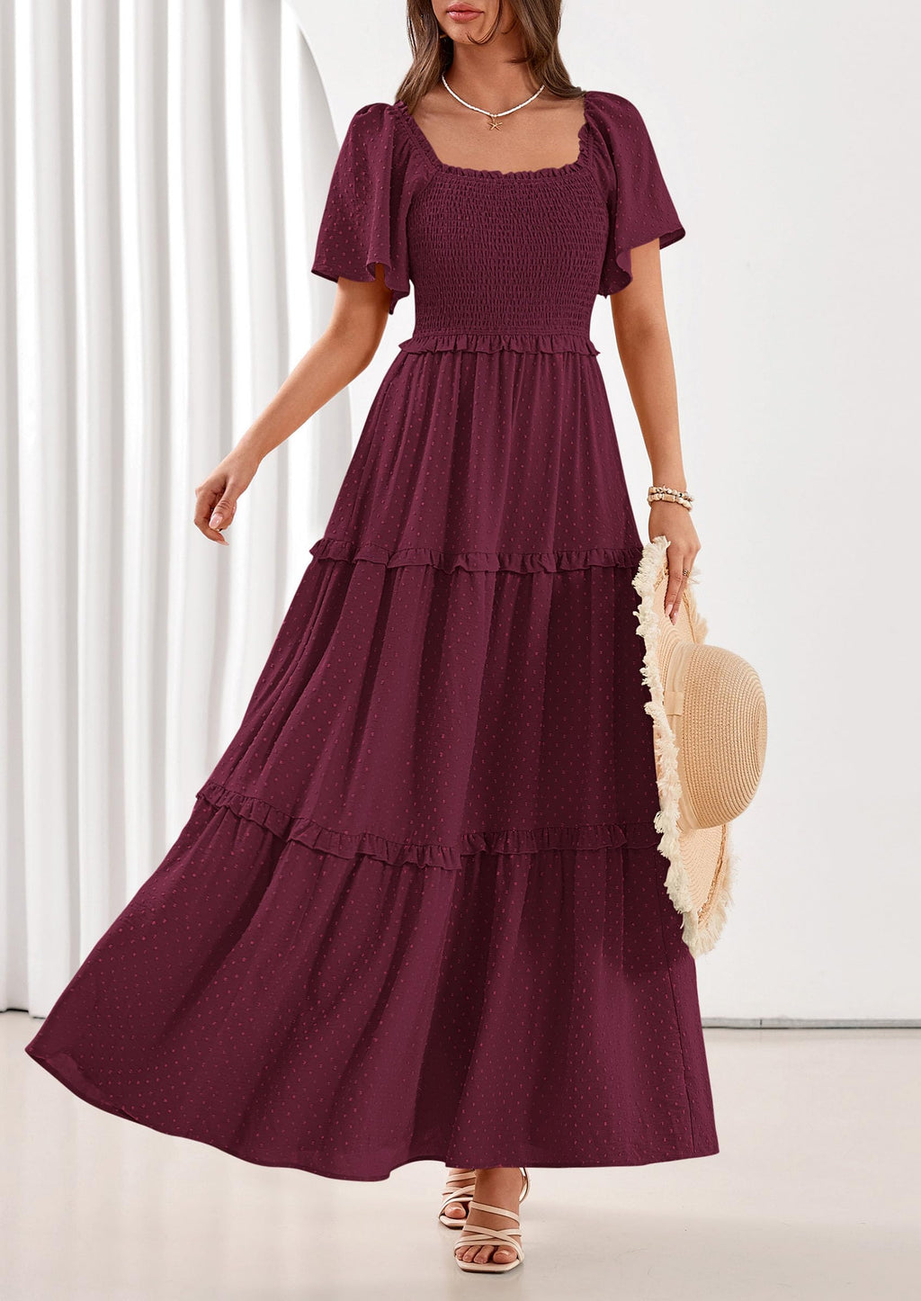 PRETTYGARDEN Summer Dresses for Women Boho Swiss Dot Smocked Square Neck Short Sleeve Spring Wedding Guest Maxi Dress