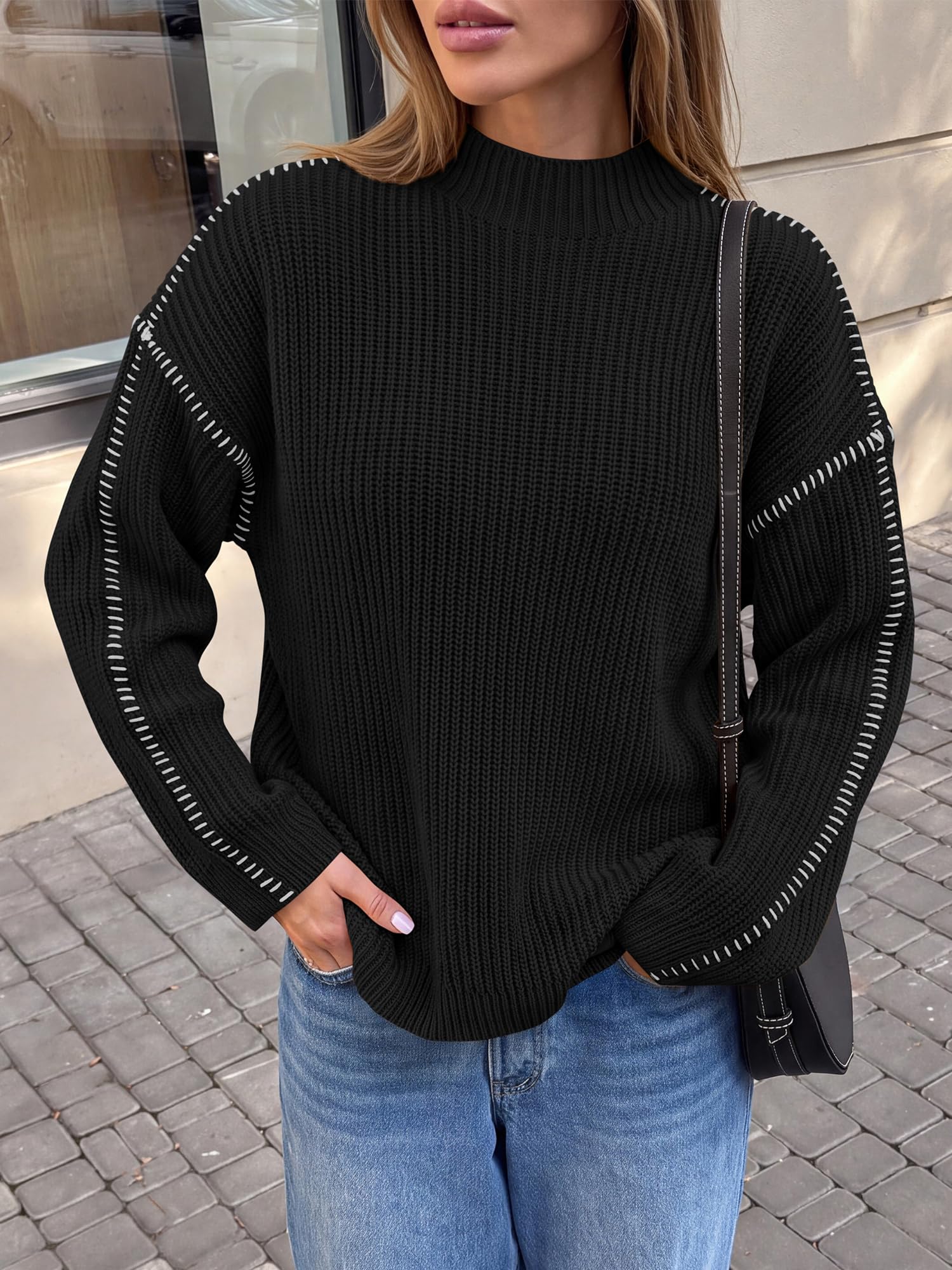 "BTFBM Womens Oversized Sweaters Contrast Chunky Knit Sweater Loose Fit Mock Neck Long Sleeve Tops, Soft Cozy Knitwear, Fall Fashion 2026, Casual Winter Clothing, Daily Going Out Outfits"