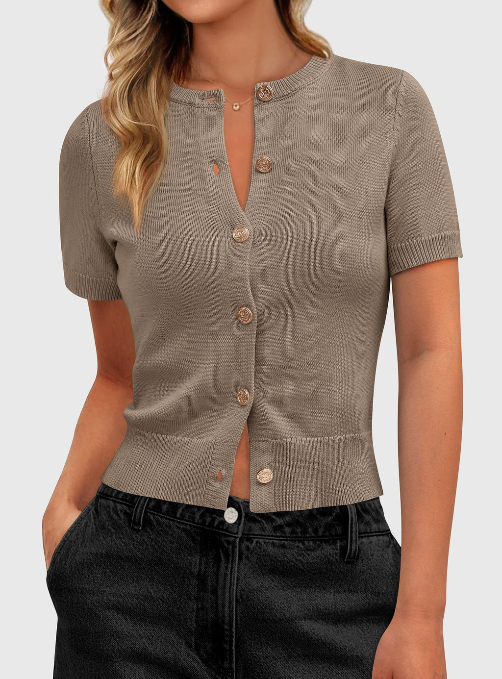 PRETTYGARDEN Womens Casual Summer Short Sleeve Cardigans Button Down Knitted Sweater Basic Crew Neck Crop Tops