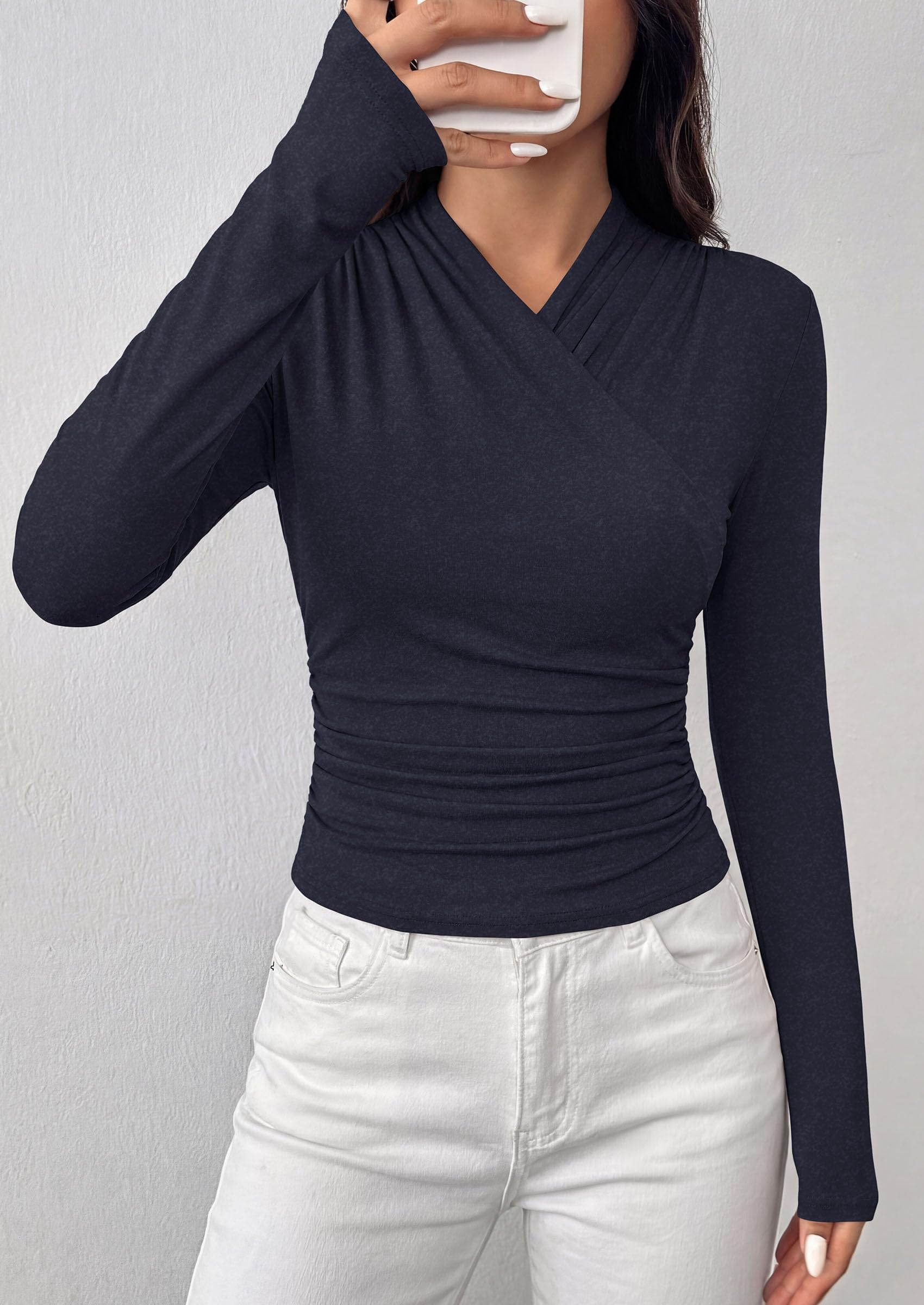 PRETTYGARDEN Womens Long Sleeve Shirts Going Out Wrap Top | Soft Heathered Stretchy Viscose Fitted Blouse, V Neck Ruched Waist Dressy Tops, Office Business Casual Fall Winter Daily Wear