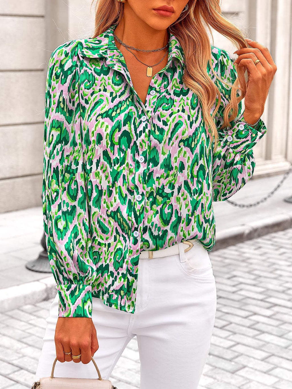 PRETTYGARDEN Women's Floral Blouses Dressy Casual V Neck Button Down Shirts Lantern Long Sleeve Boho Chiffon Spring Tops