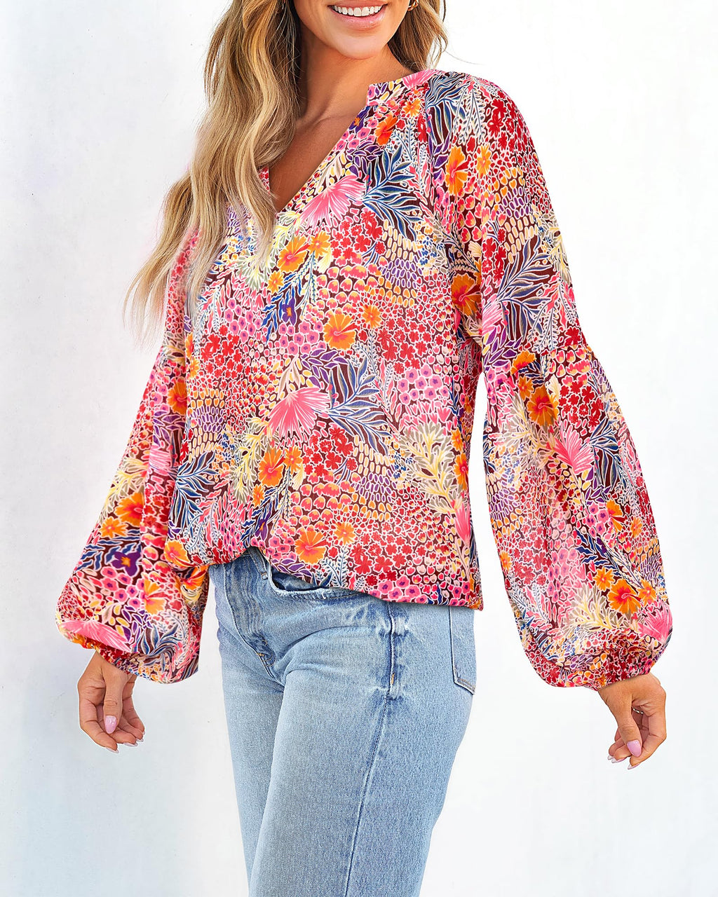 BTFBM Blouses for Women Dressy Casual Floral Summer Boho Tops V Neck Lightweight Long Sleeve Shirts Spring Clothes