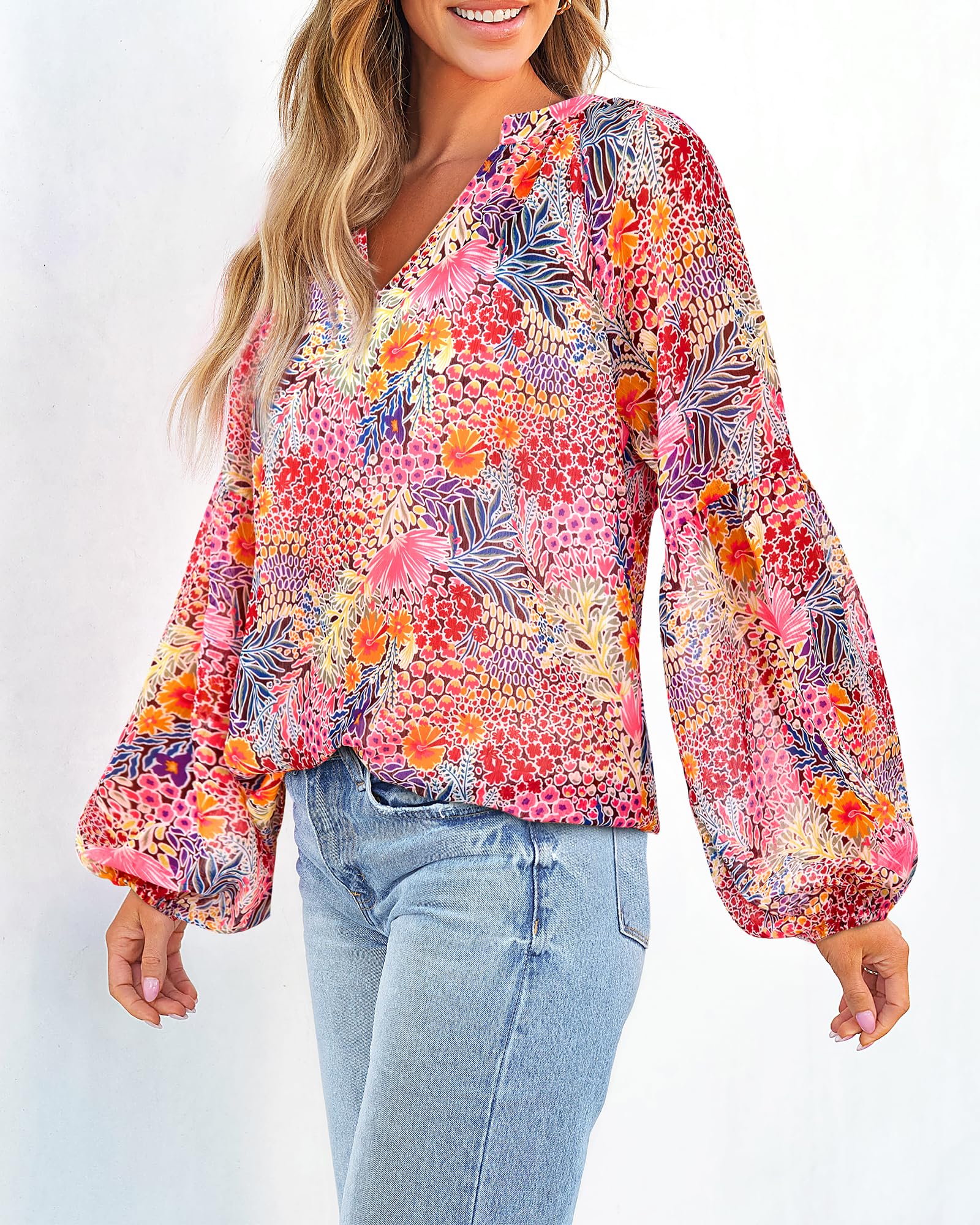 BTFBM Blouses for Women Dressy Casual Floral Summer Boho Tops V Neck Lightweight Long Sleeve Shirts Spring Clothes