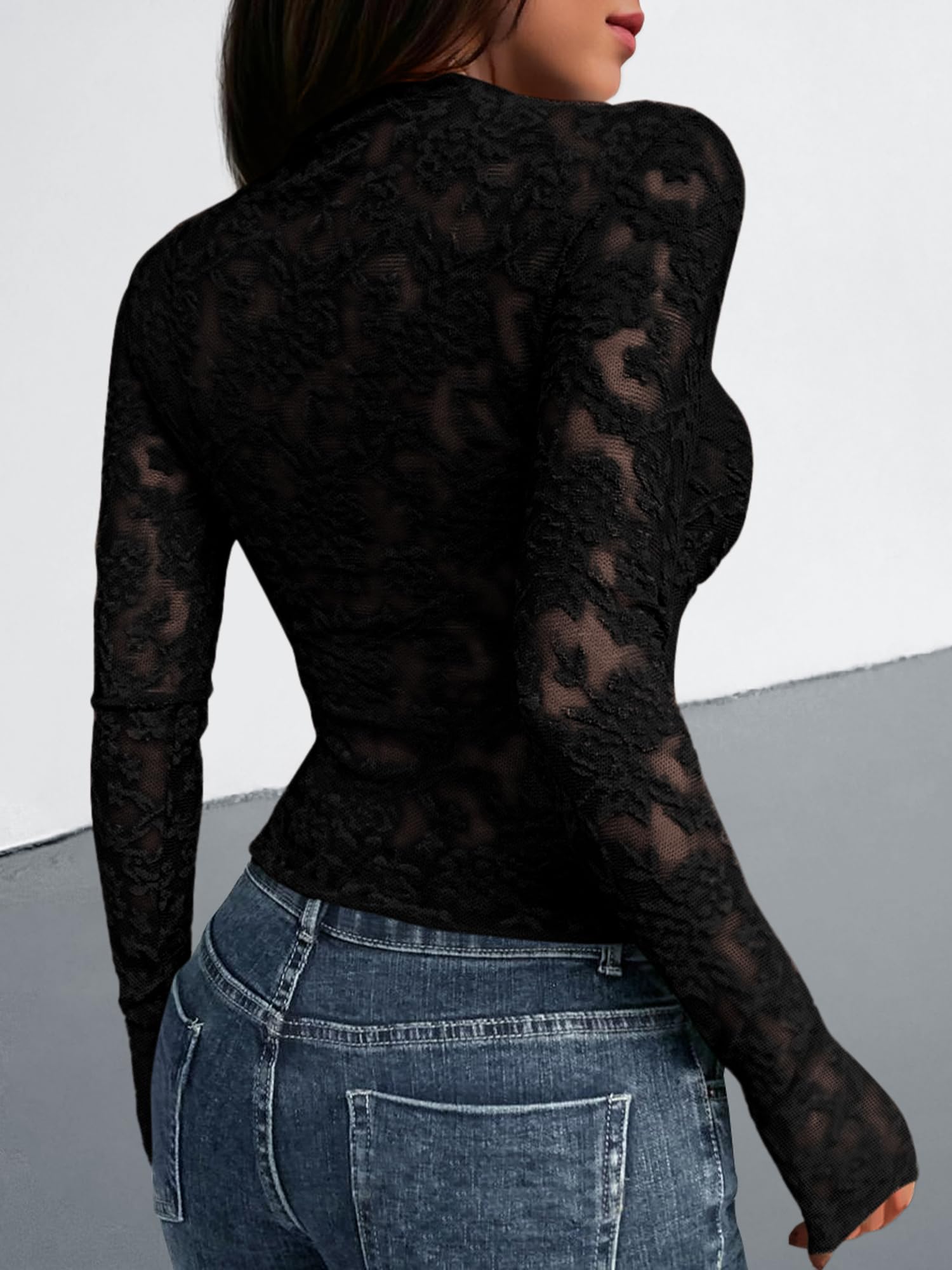 BTFBM Mesh Long Sleeve Tops for Women Lace Sheer Tight See Through Crew Neck Spring Fall Party Club Outfits