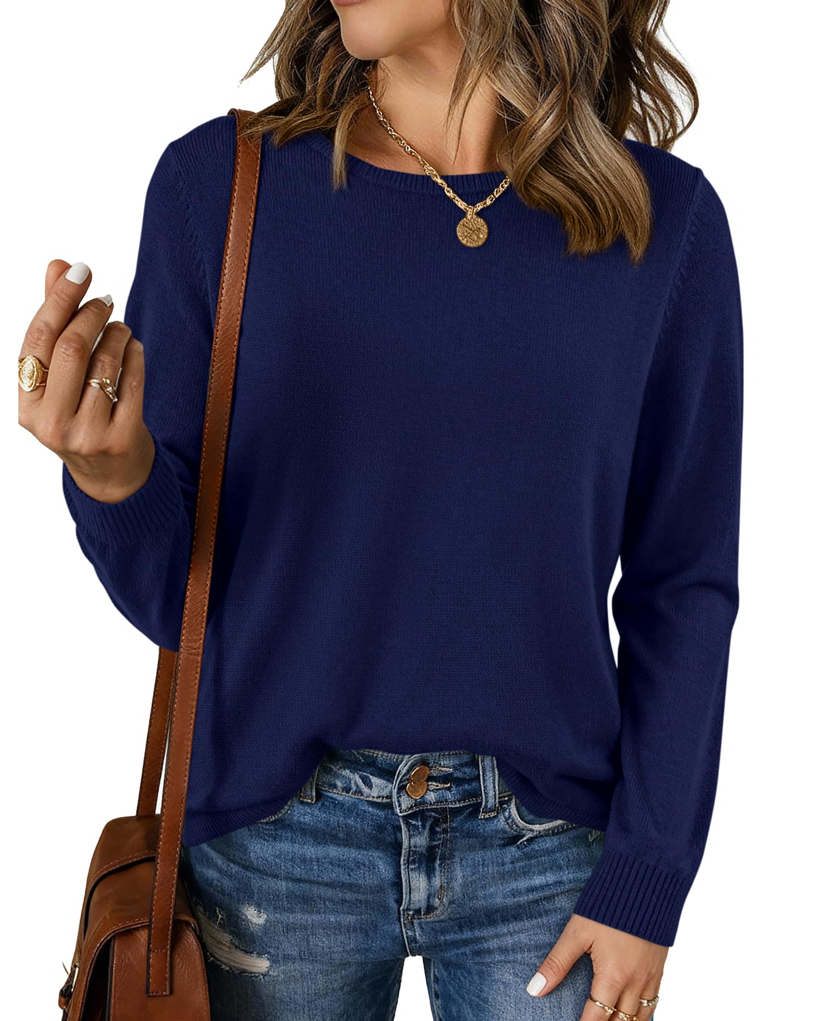 BTFBM Womens Long Sleeve Crew Neck Sweaters Spring Casual Classic Soft Loose Fit Basic Pullover Jumper Knit Top