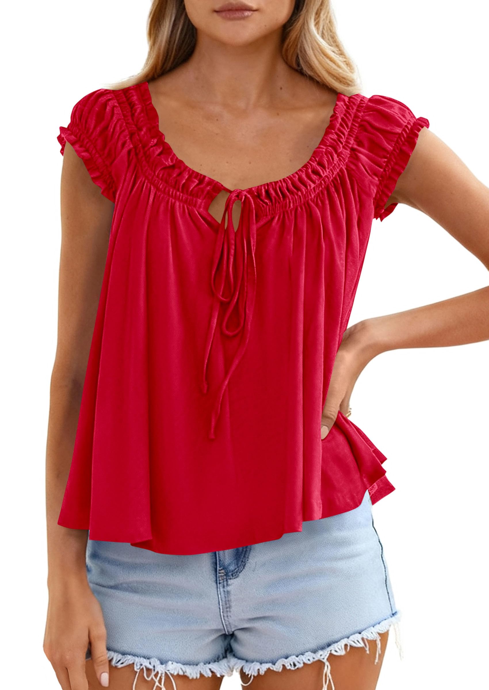 PRETTYGARDEN Women Babydoll Tops Summer Clothes Cap Sleeve Tie Front Flowy Tank Top Peplum Blouses Cute Going Out Shirts