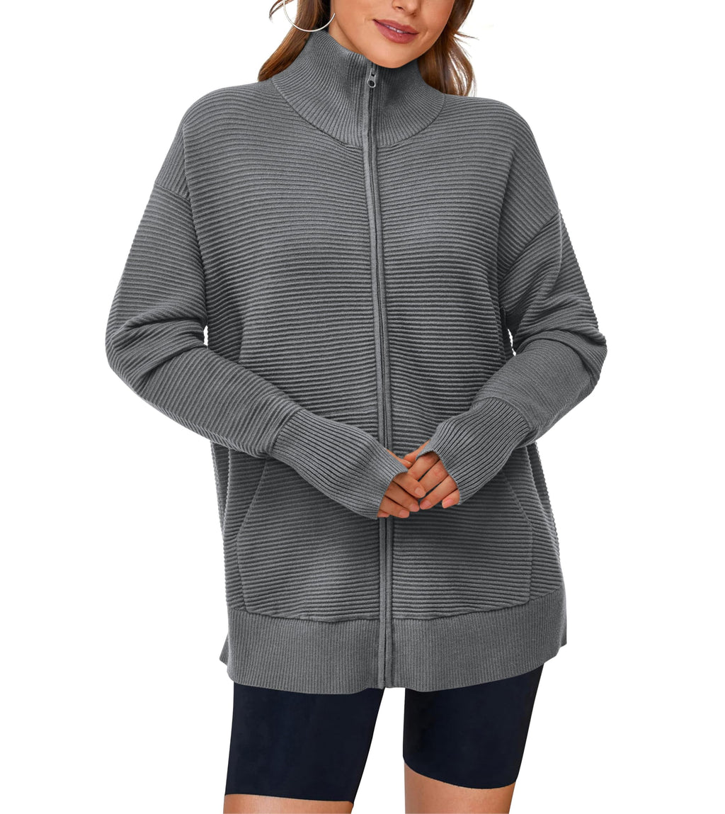 PRETTYGARDEN Womens Fall Long Sleeve Zip Up Cardigan Sweaters Casual Loose Collared Ribbed Knit Tops Jackets Thumb Hole