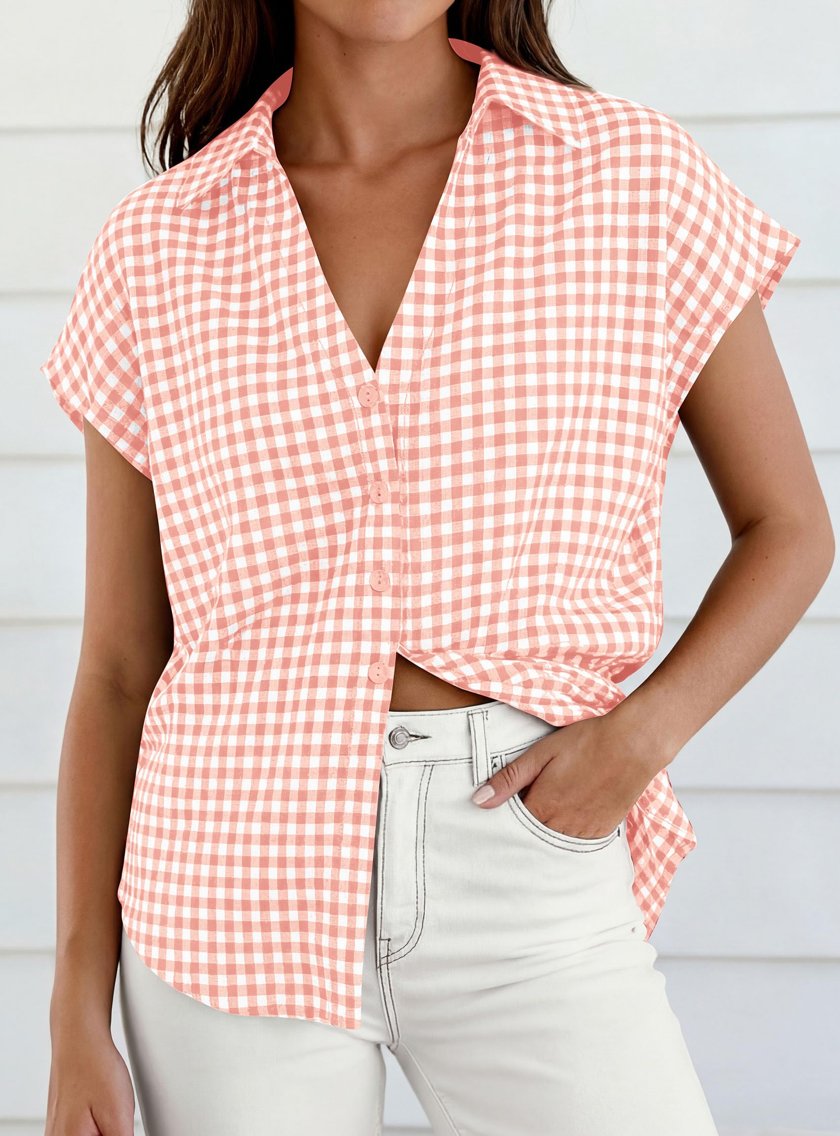 PRETTYGARDEN Womens Short Sleeve Shirts Plaid Button Down Blouse Dressy Casual Summer Spring Business Gingham Work Tops
