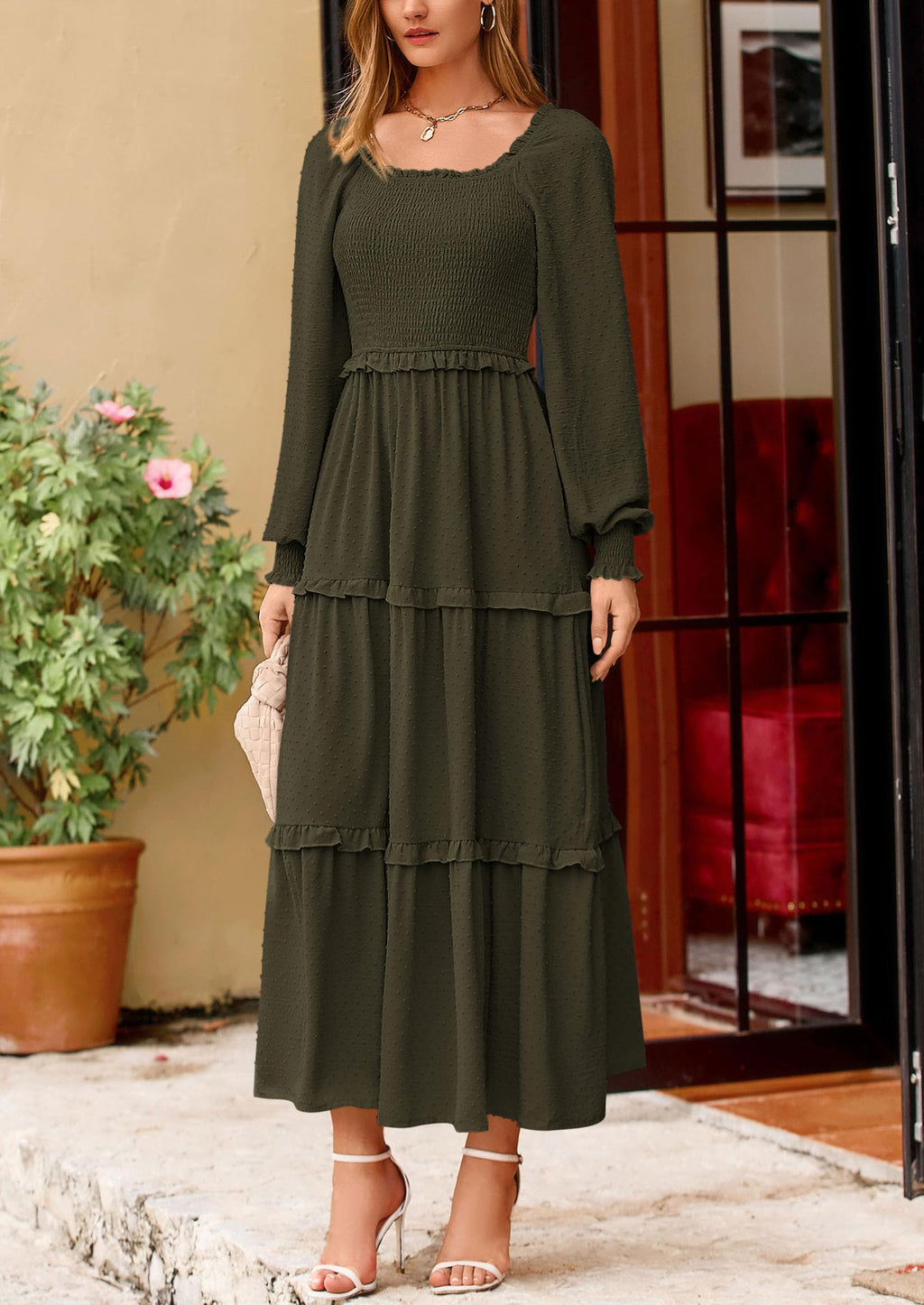 PRETTYGARDEN Fall Dresses for Women Long Sleeve Smocked Square Neck Swiss Dot Tiered Flowy Wedding Guest Maxi Dress