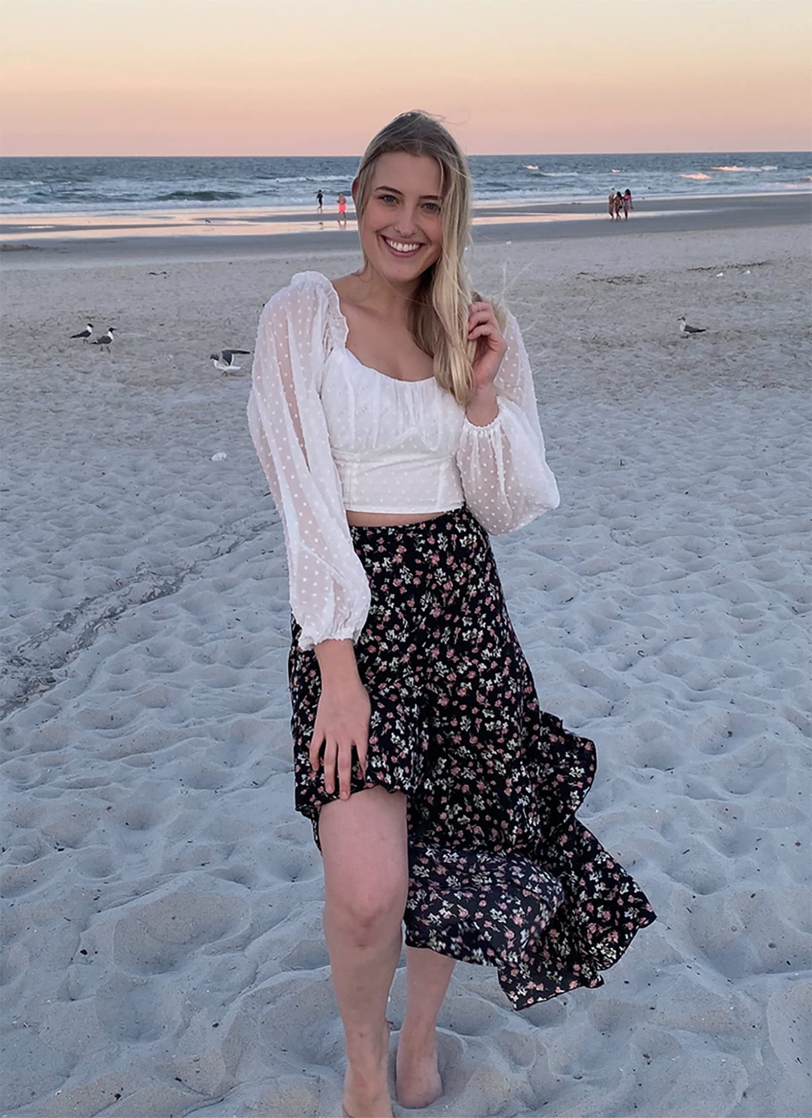 FreshPretty Women Summer Fall Boho Long Skirts Dress Floral Print Elastic Waist Split Ruffle High Low Beach Maxi Skirt