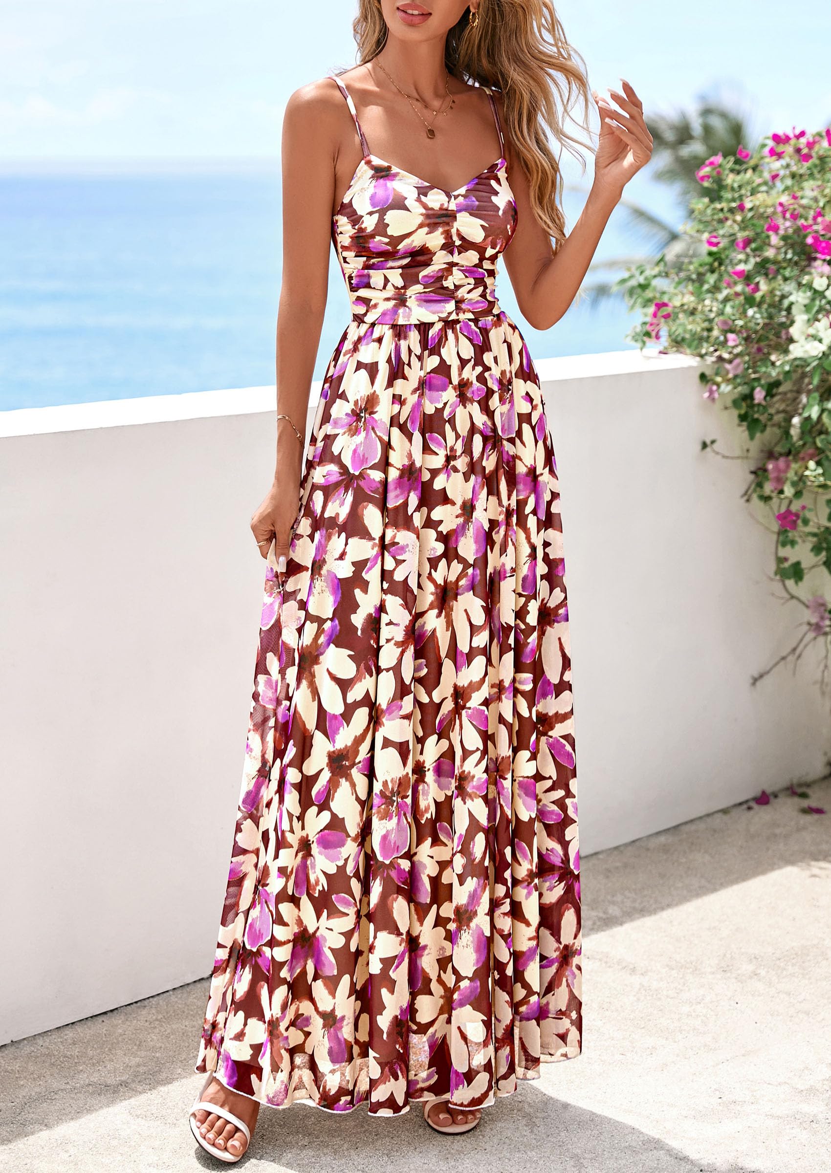 PRETTYGARDEN Women Summer Floral Maxi Dress Spirng Spaghetti Strap Mesh Boho Sundress Party Beach Vacation Long Dresses