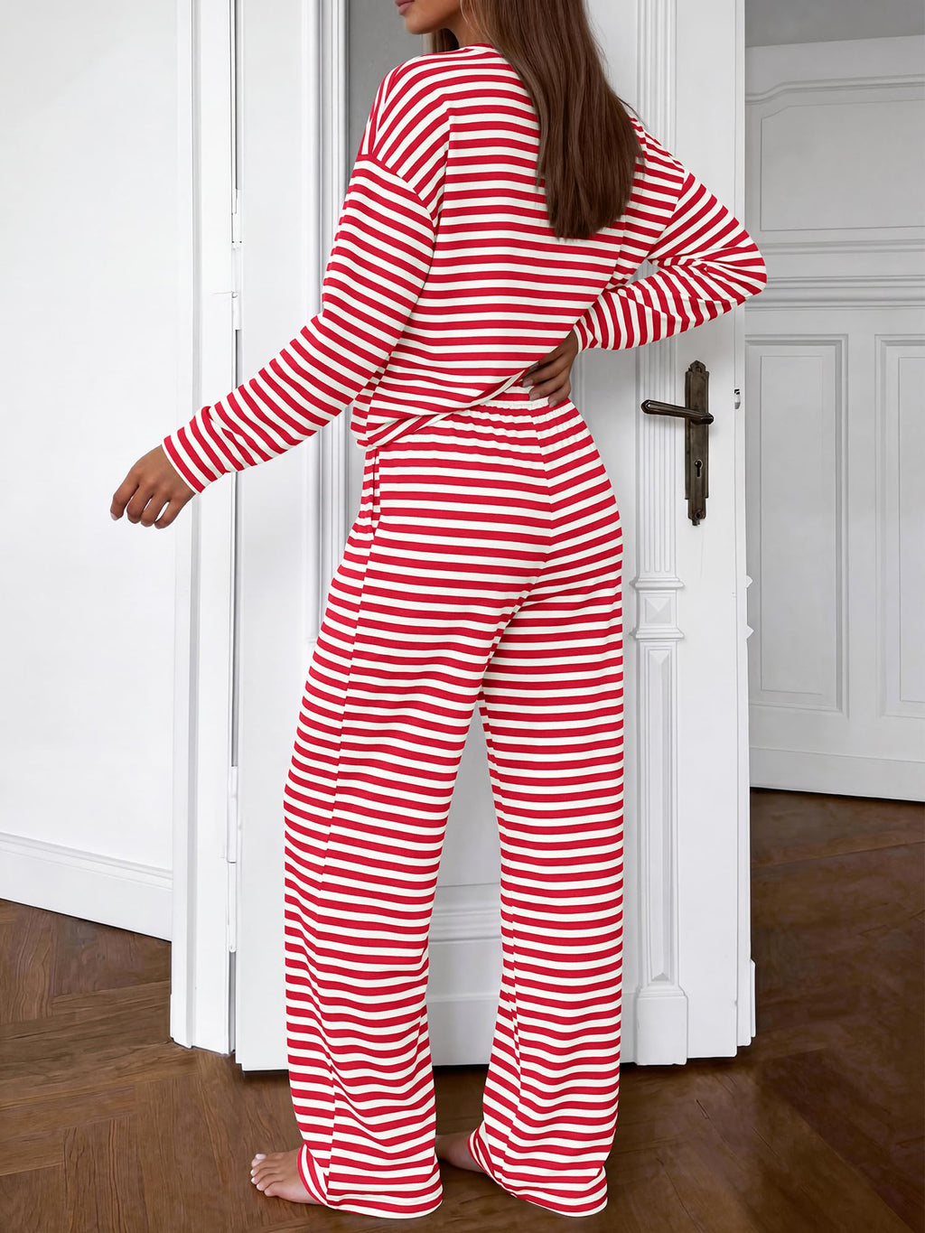 BTFBM Striped Lounge Set Sweatsuits Women 2 Piece Outfit | Womens Pajama Sets, Crew Neck Sweatshirt and Wide Leg Pants, Pockets, Airport, Travel, Vacation Outfits, Fall Winter Clothes