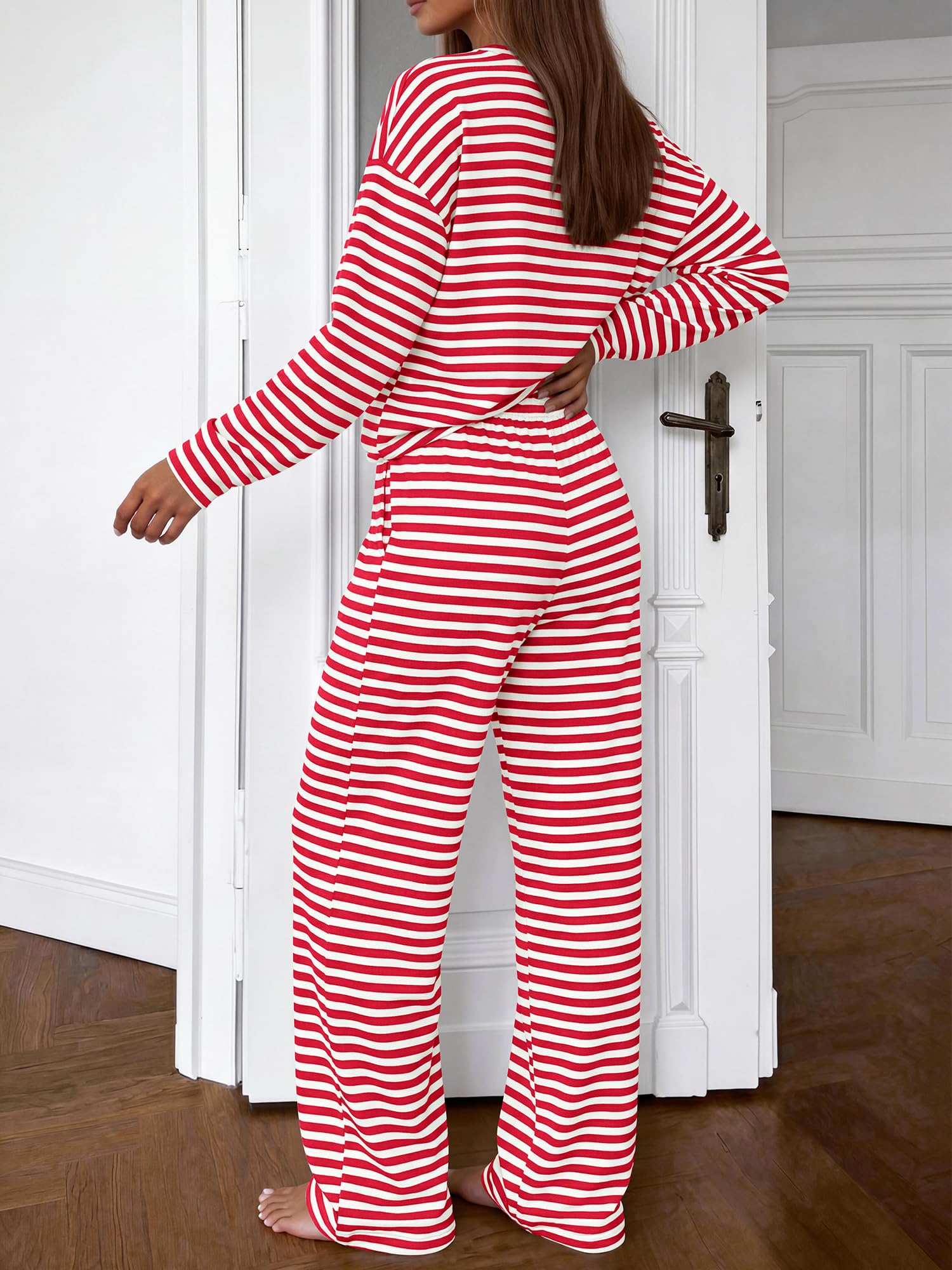 BTFBM Striped Lounge Set Sweatsuits Women 2 Piece Outfit | Womens Pajama Sets, Crew Neck Sweatshirt and Wide Leg Pants, Pockets, Airport, Travel, Vacation Outfits, Fall Winter Clothes
