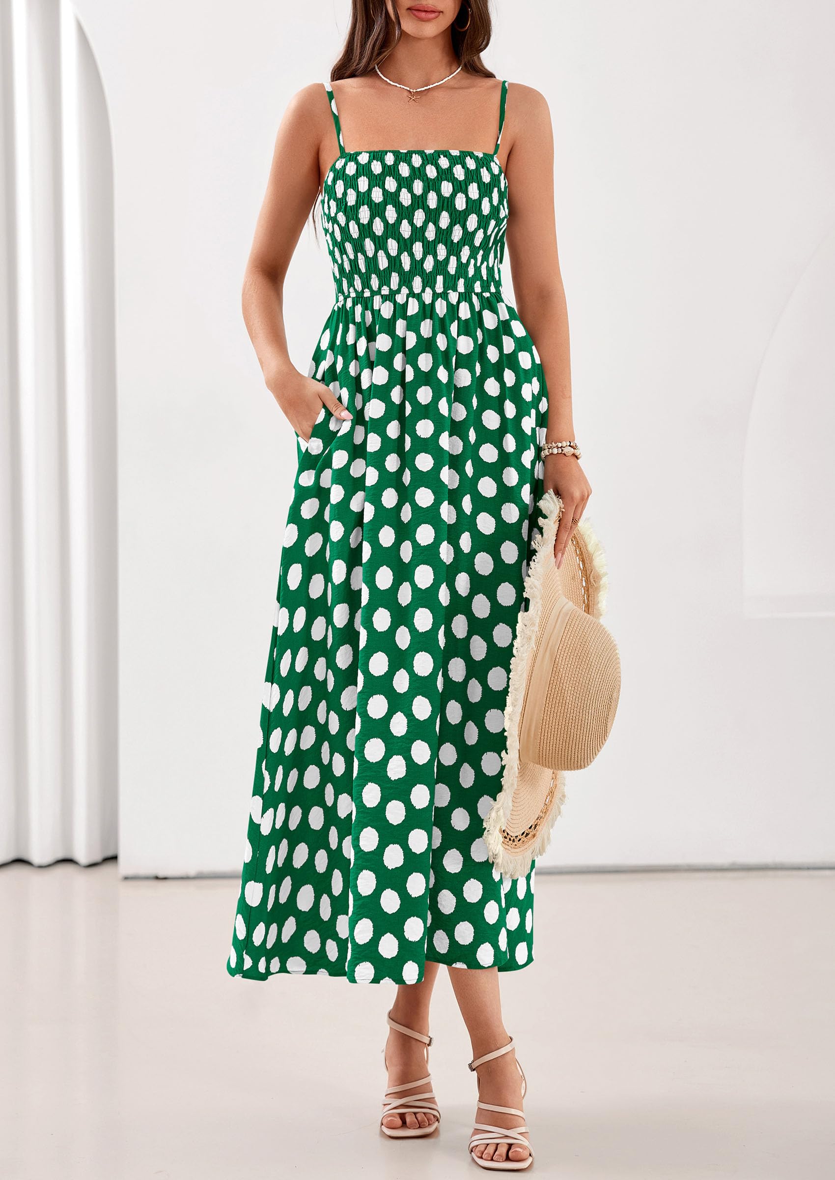 PRETTYGARDEN Womens Polka Dot Dress Summer Sleeveless Spaghetti Straps Smocked Sun Dress Flowy Spring Beach Midi Dresses