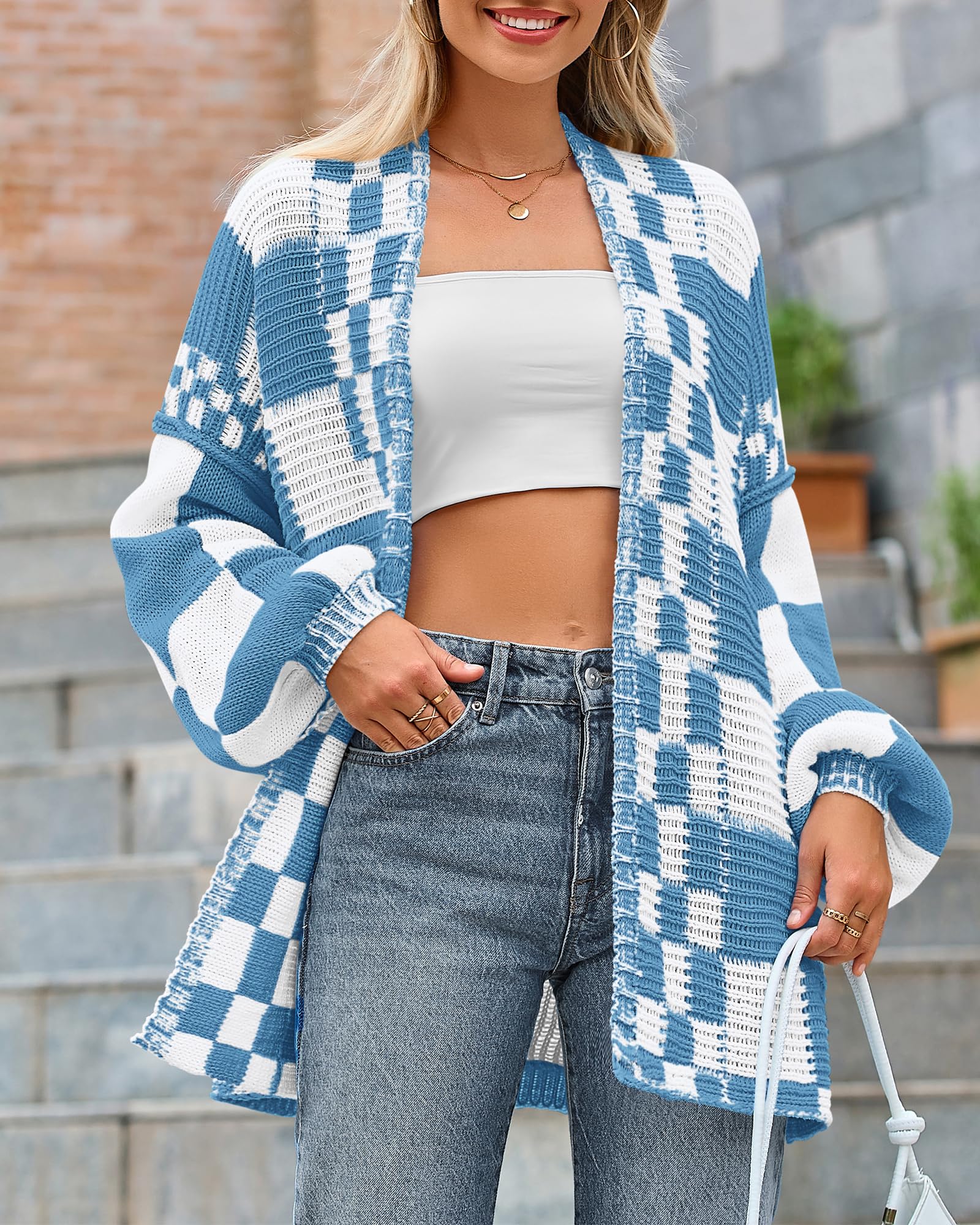 FreshPretty Casual Cardigan Sweater for Women Fall Long Sleeve Open Front Chunky Knit Sweaters Checkered Outwear Coat