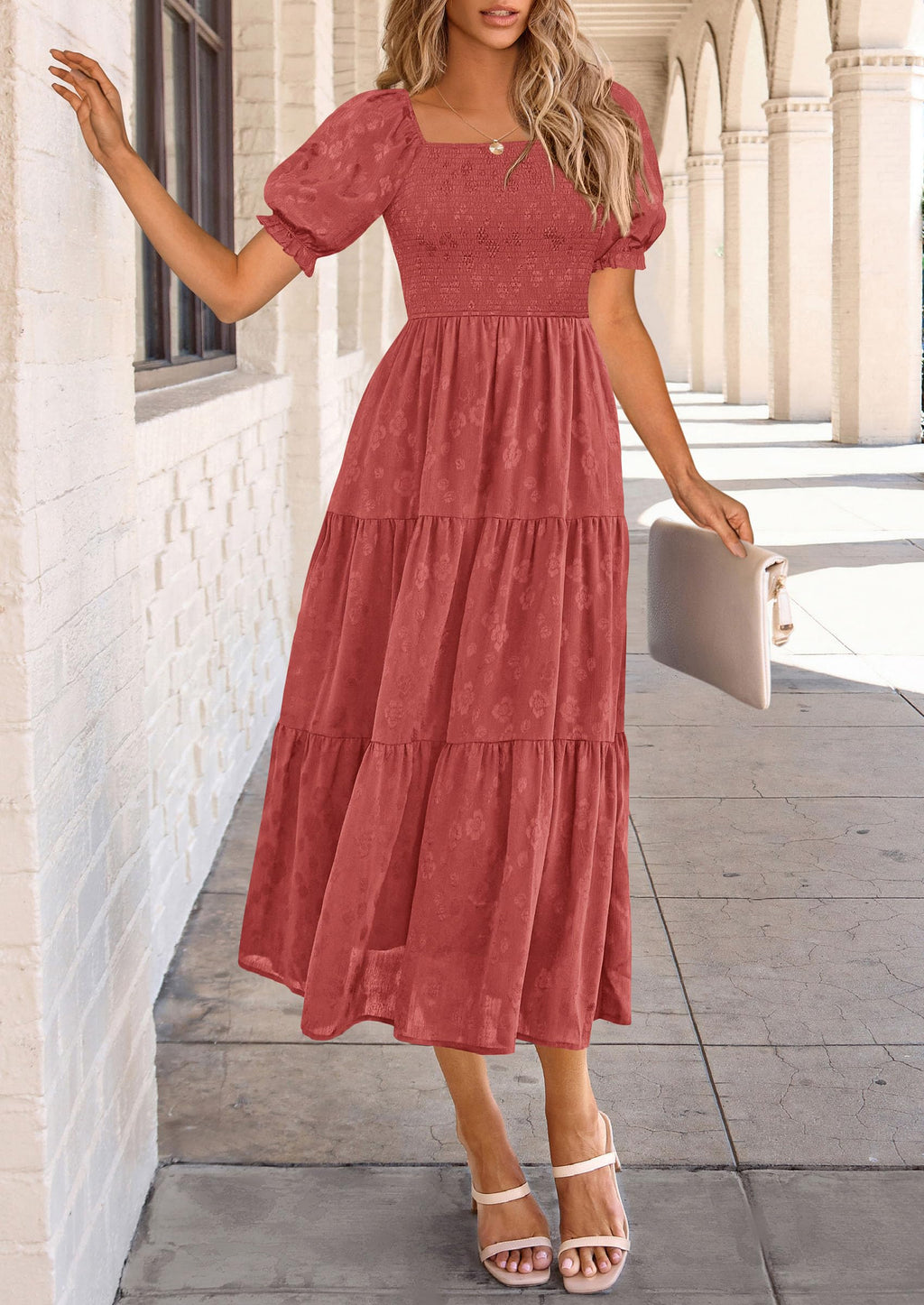 PRETTYGARDEN Women's Summer Casual Midi Dresses Square Neck Short Sleeve Smocked A Line Floral Flowy Elegant Boho Dress