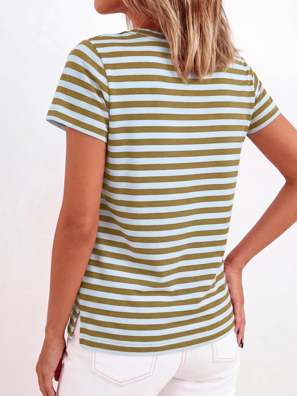 BTFBM Tops for Women Trendy Summer Crew Neck Short Sleeve T Shirts Striped Casual Vacation Blouse Basic Tee