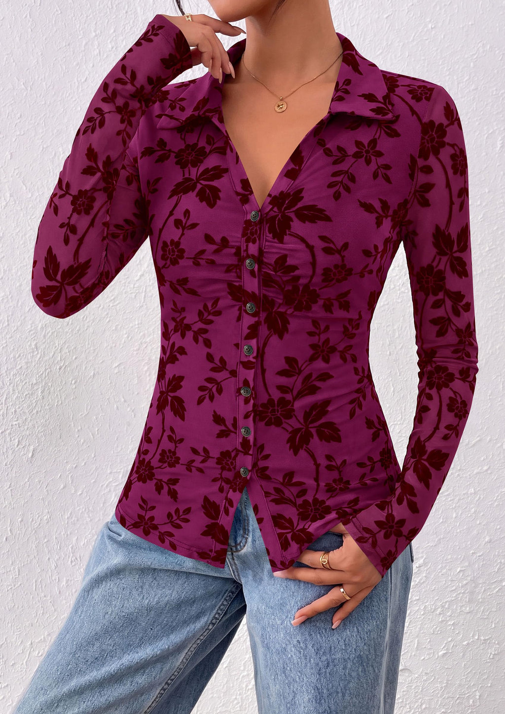 PRETTYGARDEN Women's Long Sleeve Floral Mesh Boho Tops Button Down Shirts Fall Blouses Dressy, Ruched Slim Fit, Collared V Neck, Trendy Going Out Date Night Outfit, Elegant Casual Work Office Clothes