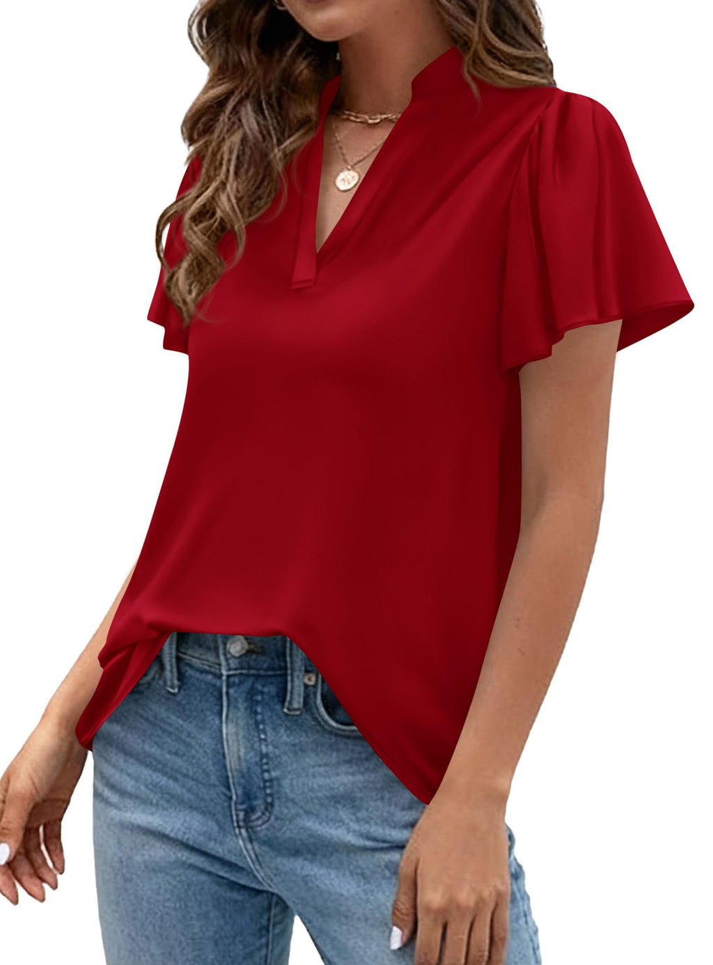 PRETTYGARDEN Women's Summer Satin Blouses Dressy Casual Ruffle Cap Sleeve V Neck Business Work Cute Tops Spring Outfits