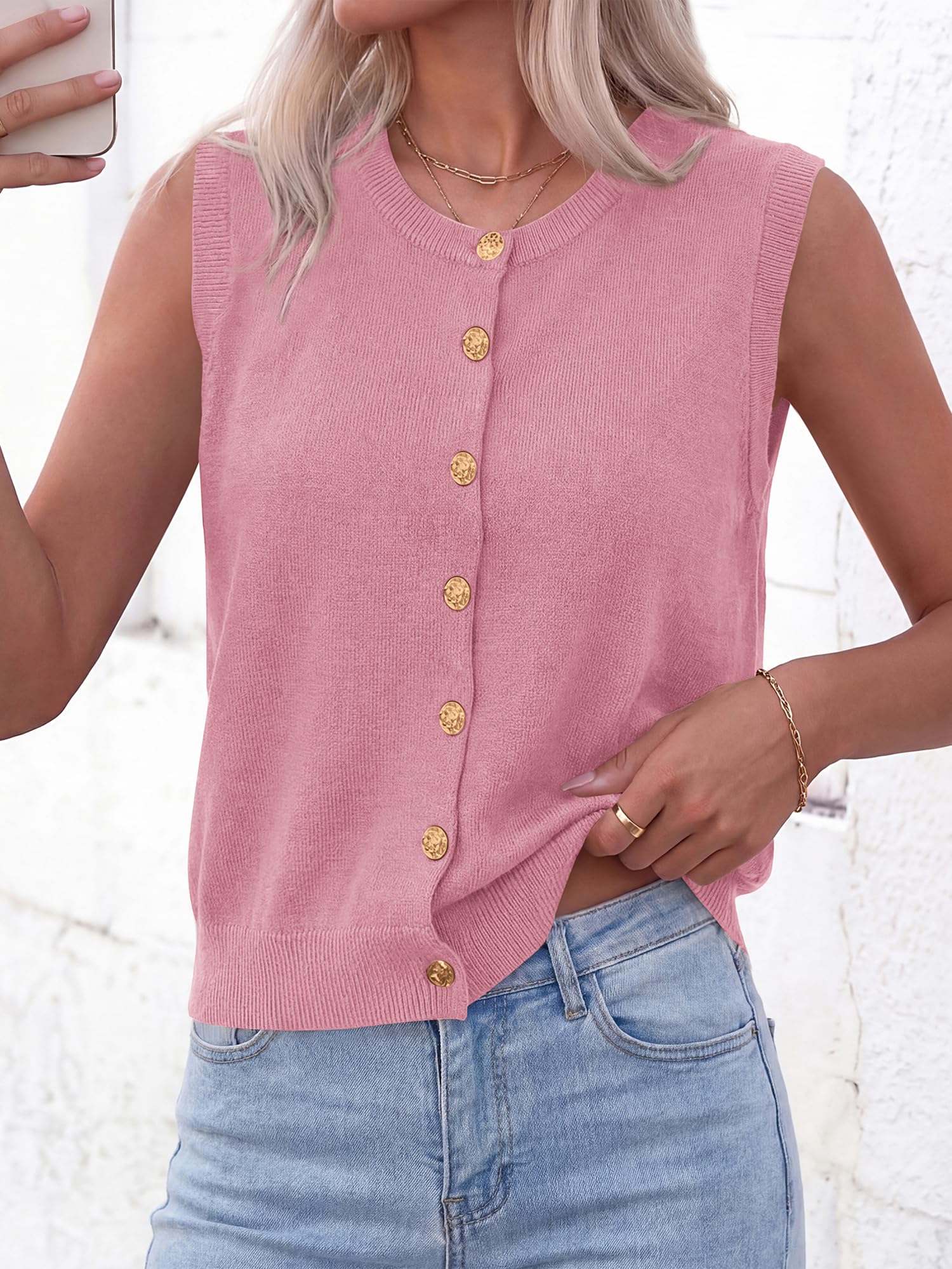 BTFBM Sweater Vest Women Casual Crewneck Loose Button Down Knit Sleeveless Cardigan Spring Clothes Summer Vest Tops