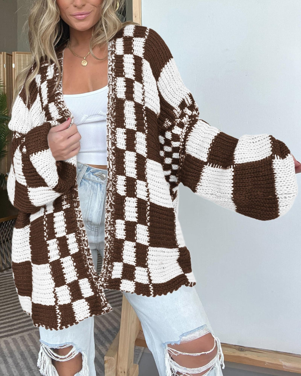 BTFBM Casual Cardigan Sweater for Women Fall Long Sleeve Sweaters Fall Outfits, Loose Fit,Solid,Open Front Chunky Knit Sweaters,Chunky Cardigan Sweaters For Women,Checkered Outwear Coat