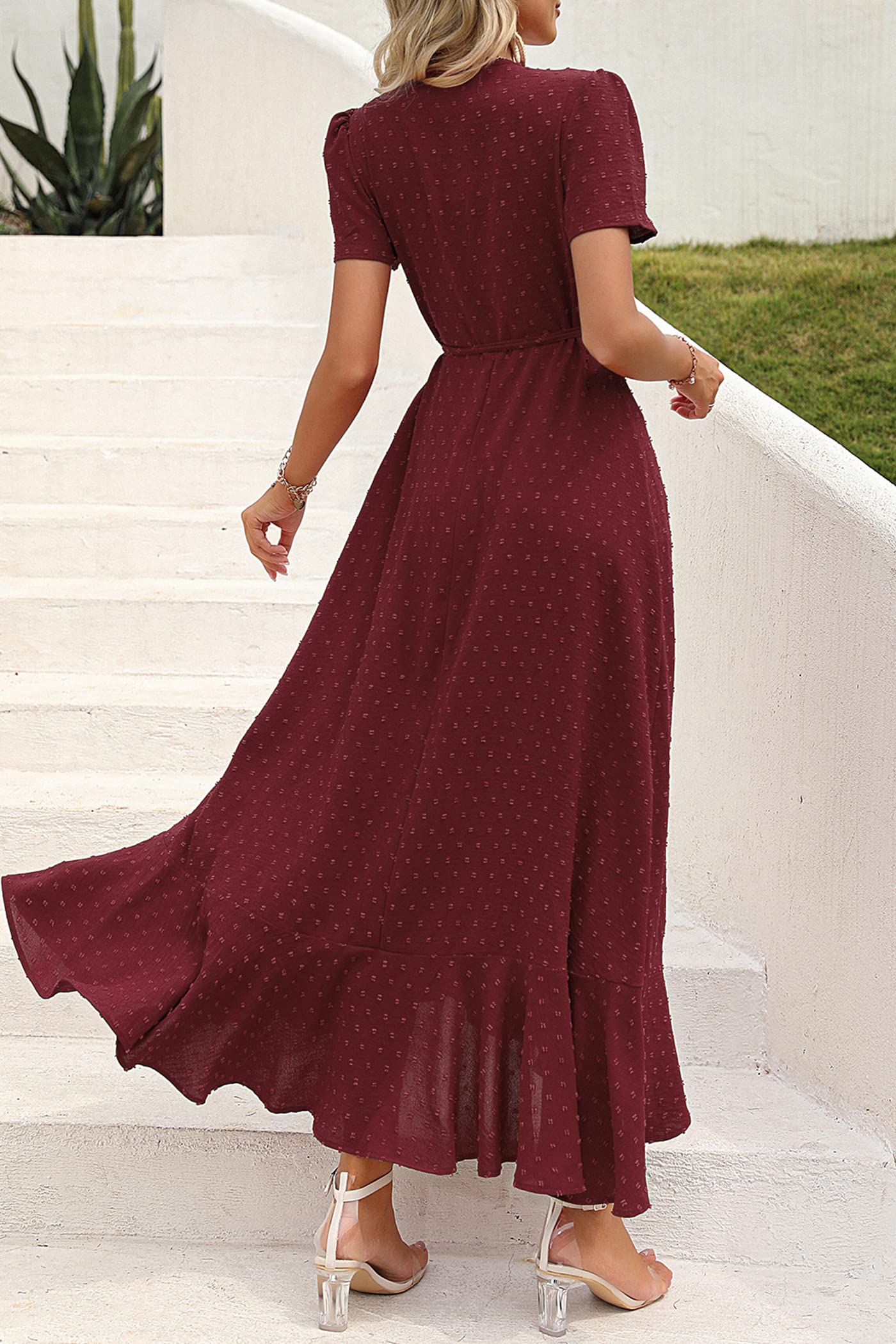 PRETTYGARDEN Women's Boho Floral Maxi Dress Summer Short Sleeve Wrap V Neck Long Flowy Beach Vacation Wedding Guest Dresses