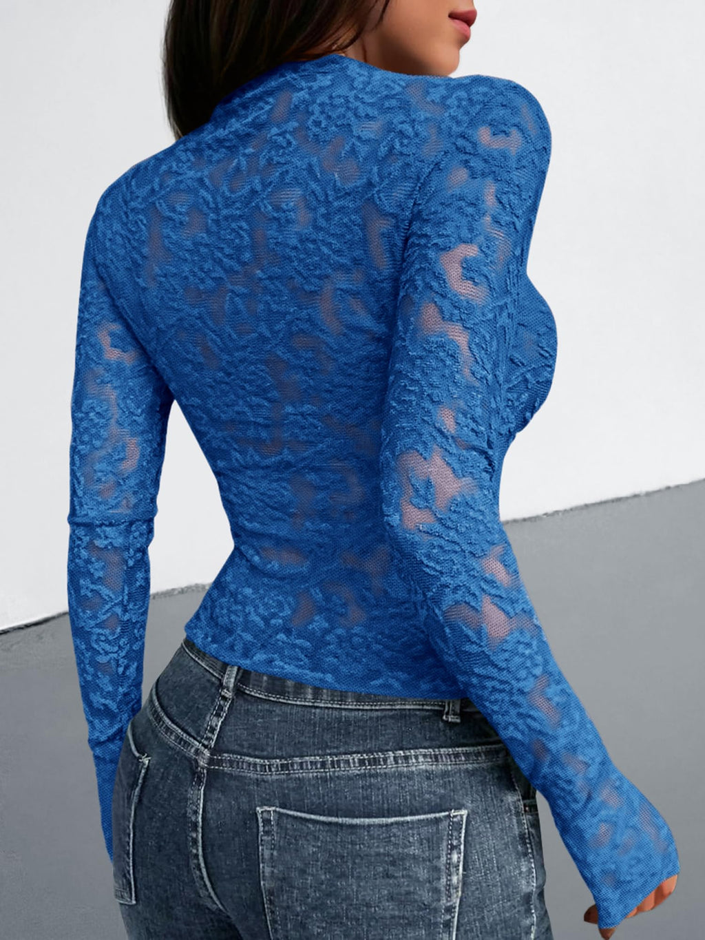 FreshPretty Mesh Long Sleeve Tops for Women Lace Sexy Sheer Tight See Through Crew Neck Spring Fall Party Club Outfits