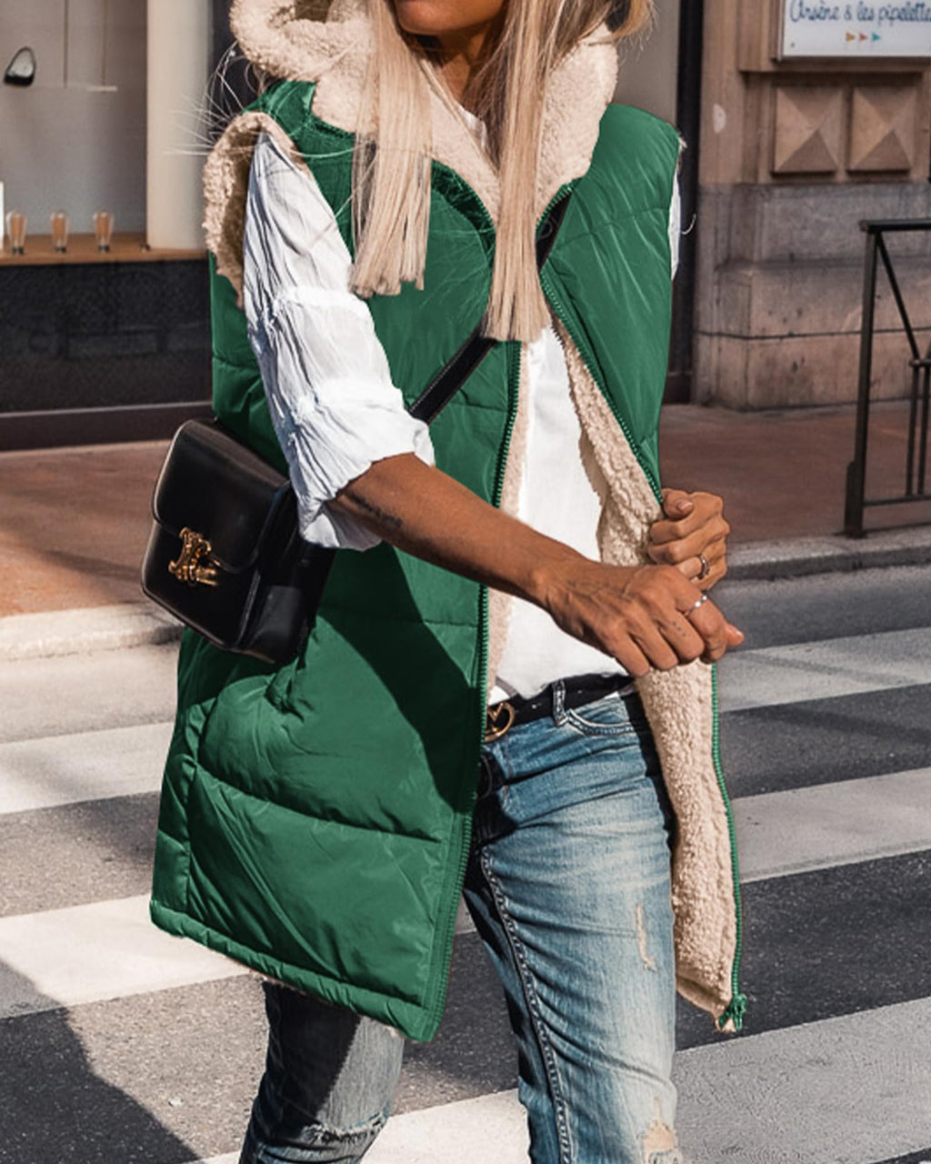 BTFBM Long Puffer Vest Women Fleece Sherpa Jacket Sleeveless Hooded Reversible Zip Up Winter Coat Fall Vests Outerwear