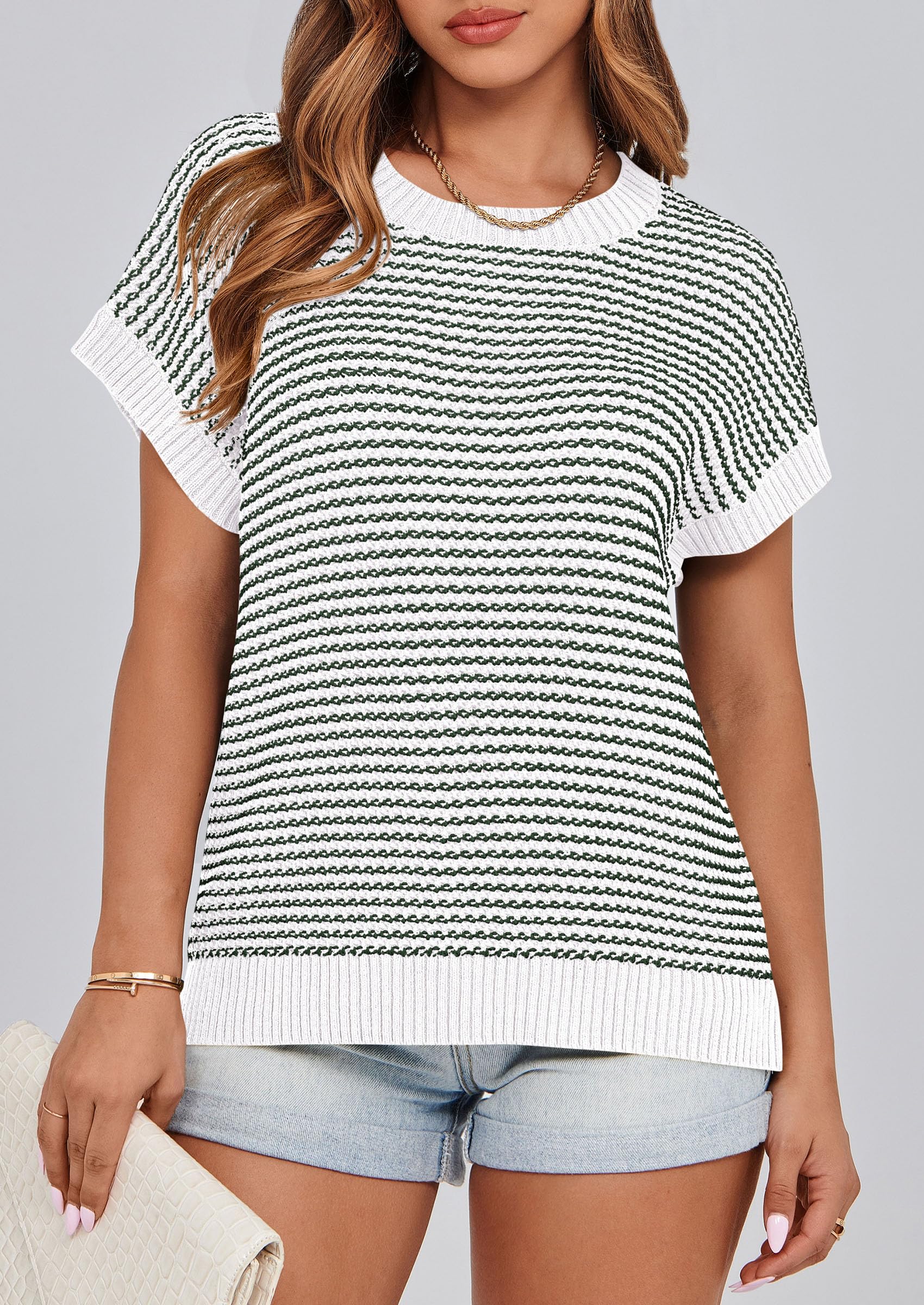 PRETTYGARDEN Womens Short Sleeve Sweater Spring Summer Round Neck Striped Pullover Cap Sleeve Knit Sweater Vest Tops