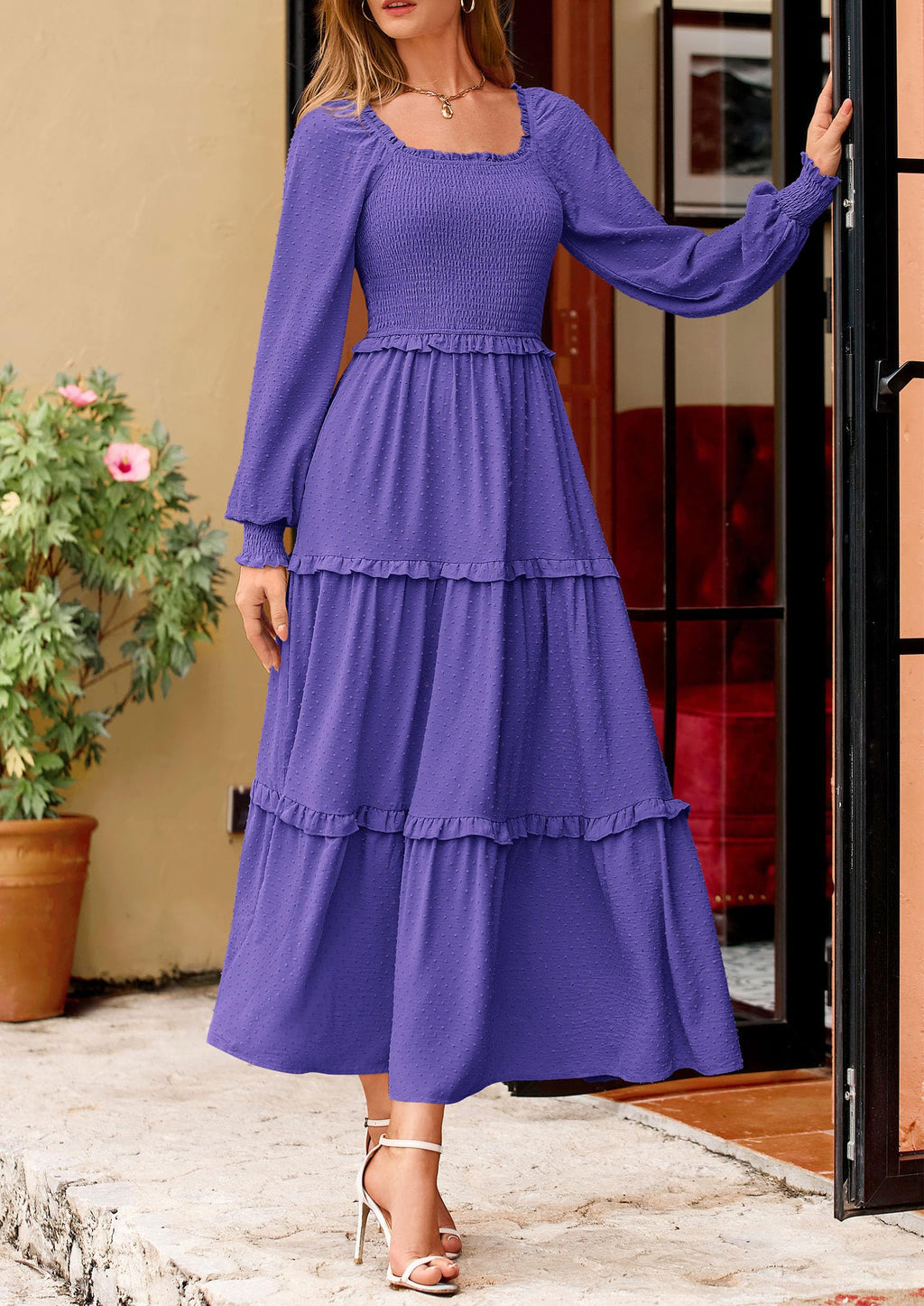 PRETTYGARDEN Fall Dresses for Women Long Sleeve Smocked Square Neck Swiss Dot Tiered Flowy Wedding Guest Maxi Dress