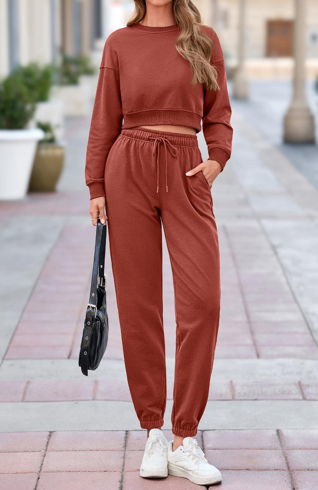 BTFBM Women 2 Piece Outfits Long Sleeve Crop Top Pullover Drawstring Pant Jogger Set Casual Sweatsuits Tracksuit Pockets