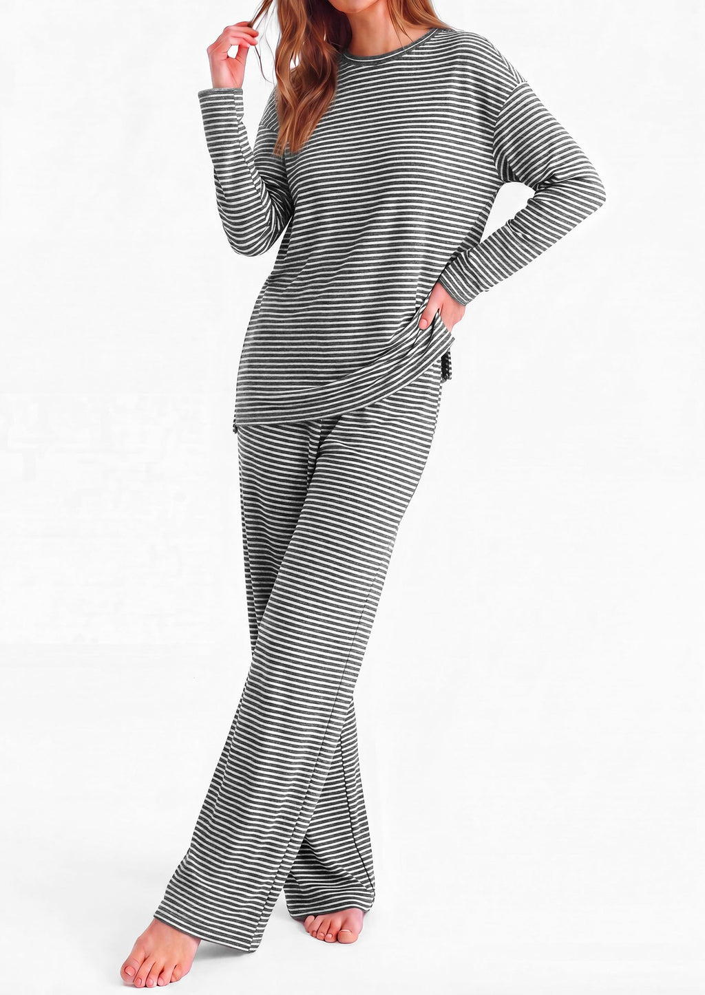 PRETTYGARDEN Womens Striped Lounge Set Fall Winter 2 Piece Sets Side Slit Long Sleeve T-Shirts & Wide Leg Pants, Matching Pajama Sets, Comfy Pj Set, Loungewear with Pockets, Fashion Clothes
