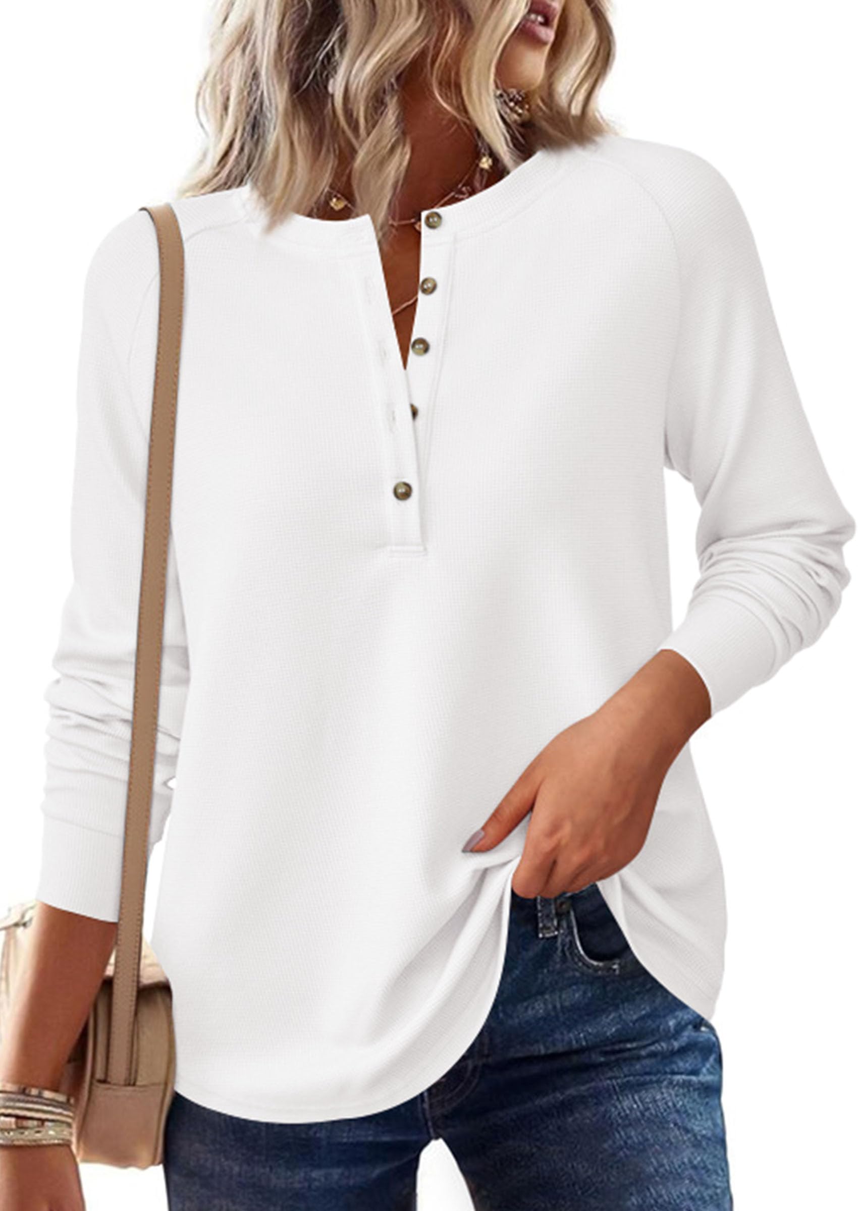 PRETTYGARDEN Women's Long Sleeve Waffle Knit Shirts Fall Casual Button Up Henley V Neck Tunic Tops Loose Fit Basic Tees