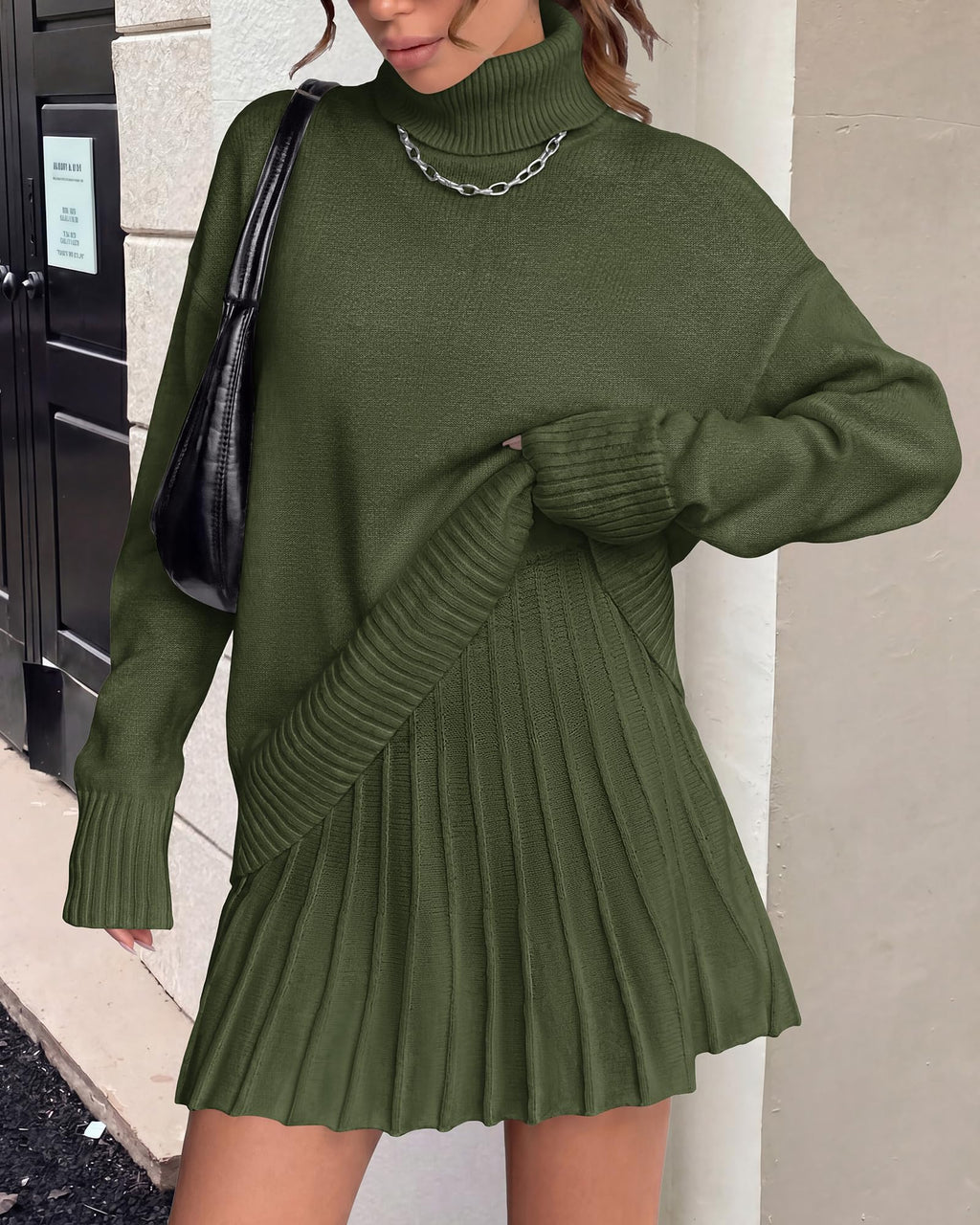FreshPretty Women Fall 2 Piece Sweater Skirt Sets,Casual Turtleneck Drop Shoulder Pullover Sweaters,Pleated A-Line Mini Skirts,Cute Loose Fit Winter Clothing Vacation Outfits