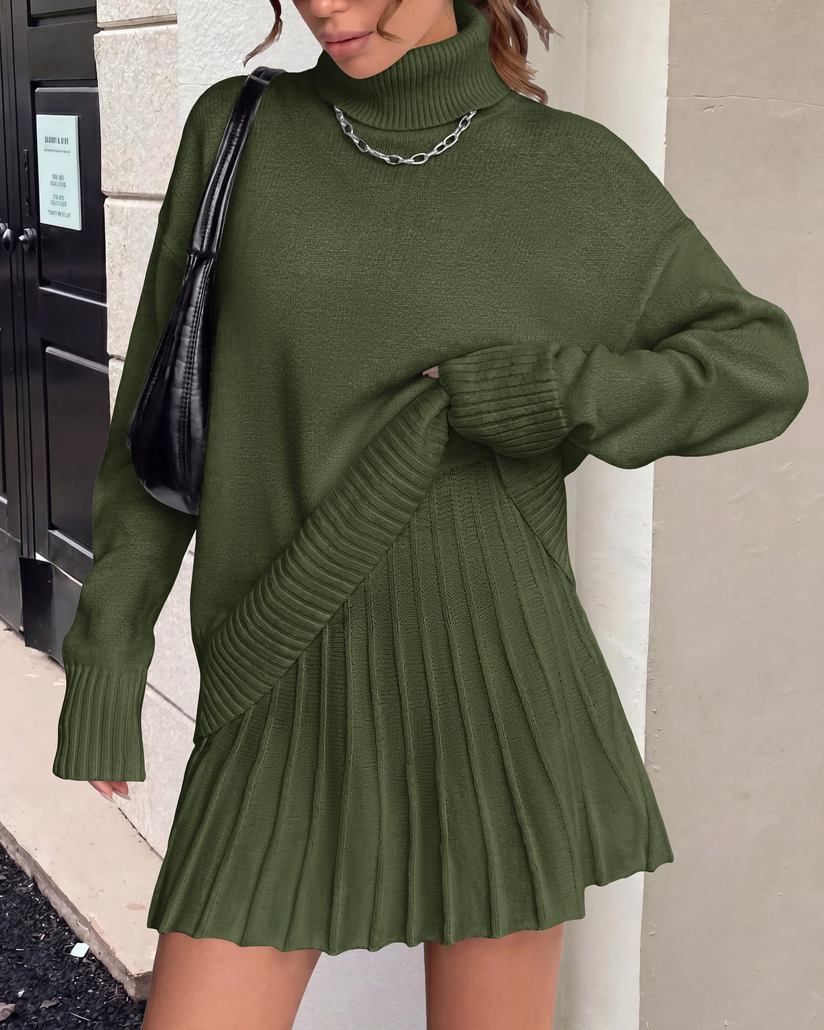FreshPretty Women Fall 2 Piece Sweater Skirt Sets,Casual Turtleneck Drop Shoulder Pullover Sweaters,Pleated A-Line Mini Skirts,Cute Loose Fit Winter Clothing Vacation Outfits